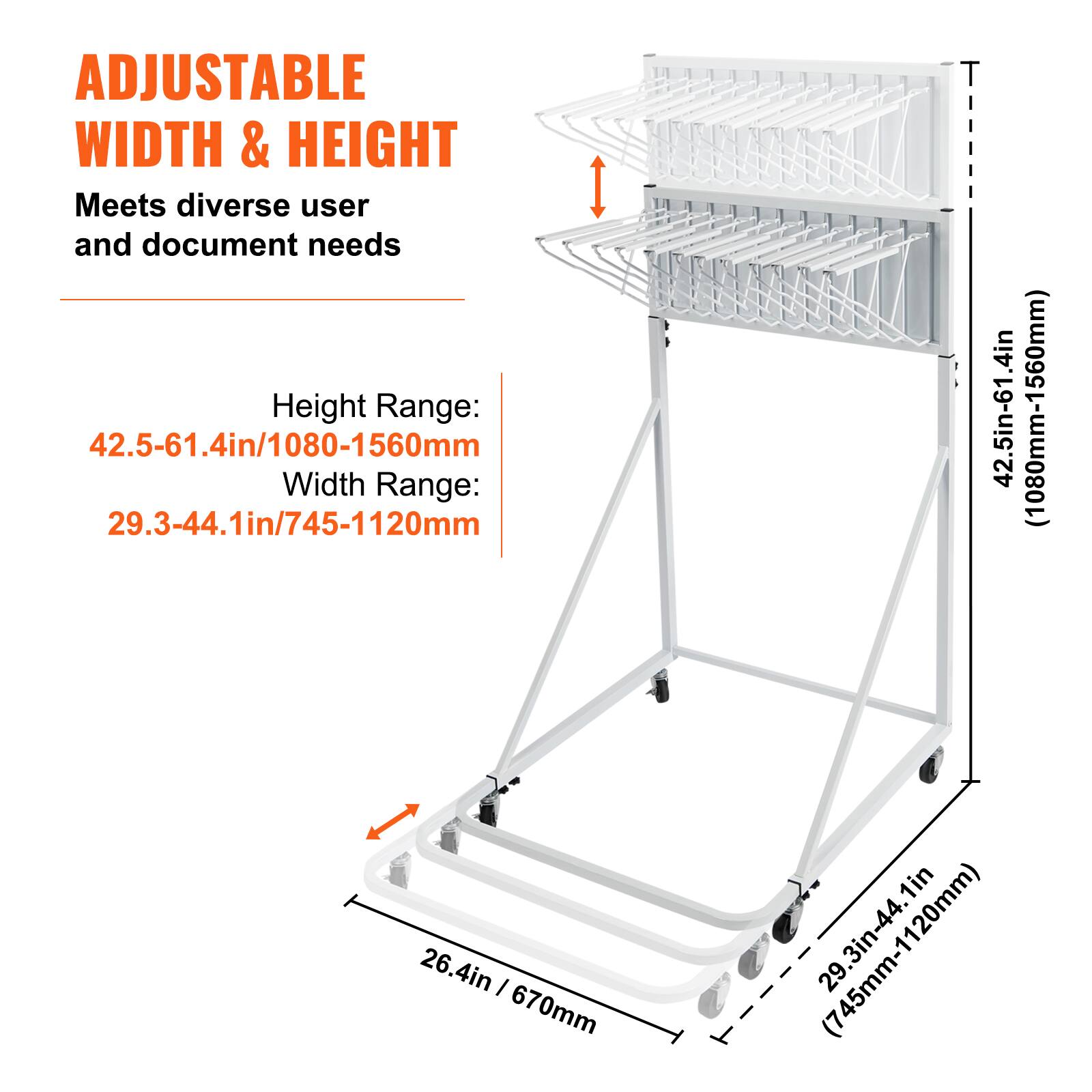 ADJUSTABLE WIDTH & HEIGHT  
Meets diverse user and document needs  

Height Range: 42.5-61.4in/1080-1560mm  
Width Range: 29.3-44.1in/745-1120mm  

42.5in-61.4in (1080mm-1560mm)  
29.3in-44.1in (745mm-1120mm)  

26.4in / 670mm