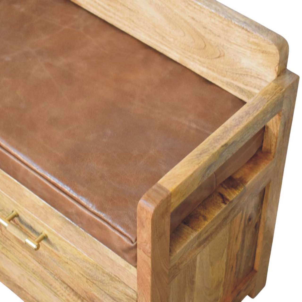 Alt View 2. Artisan Furniture - Artisan Furniture Solid Wood Oakish Storage Bench with Brown Leather Seat, 2 Drawers, Beige - Beige.