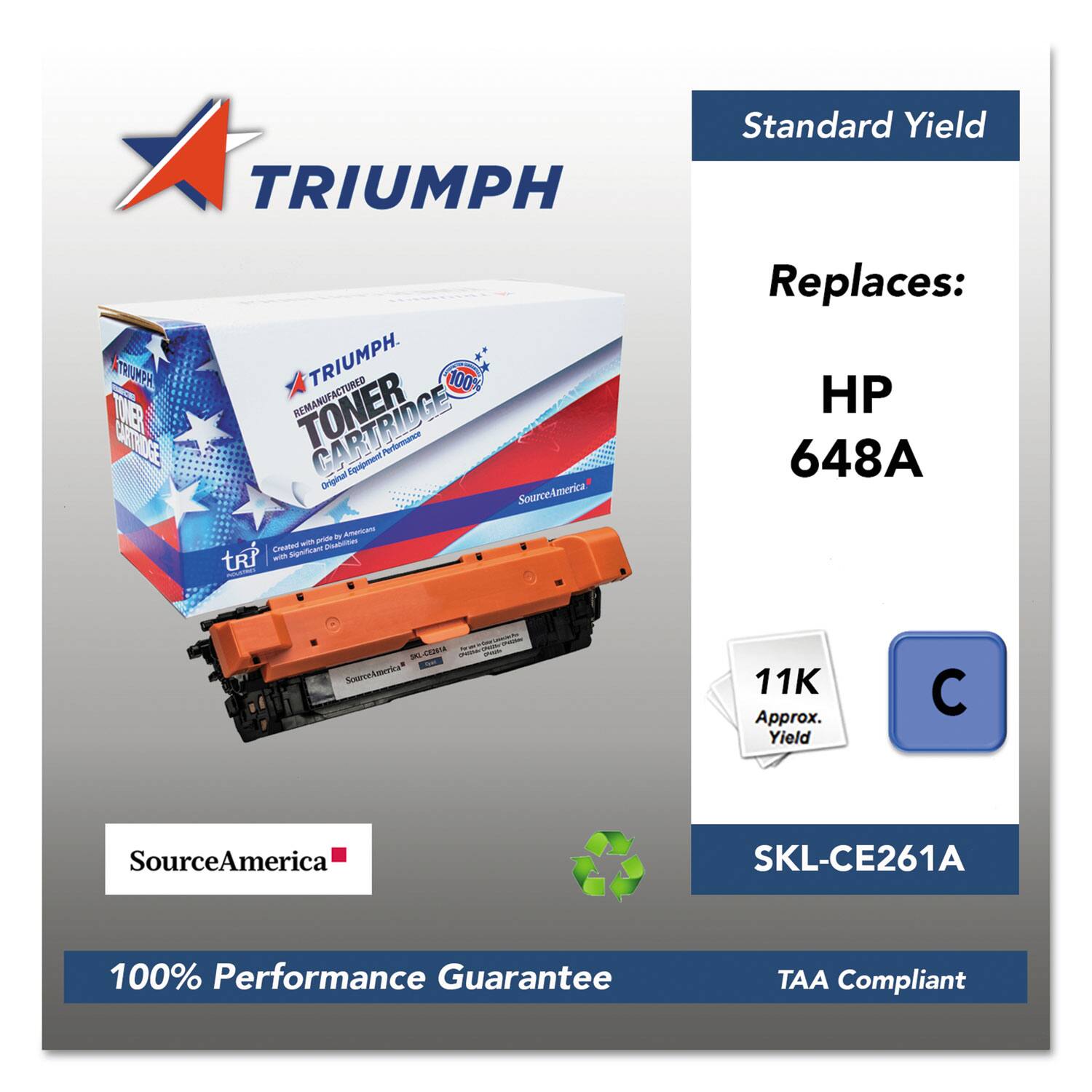 TRIUMPH Standard Yield  
TRIUMPH  
ACTURED 100 REMANUFACTURED CARTRIDGE  
Original Equivalent Performance  
SourceAmerica - America's Preferred Source  
Replaces: HP 648A  
Approx. Yield: 11K  
SKL-CE261A  
100% Performance Guarantee  
TAA Compliant