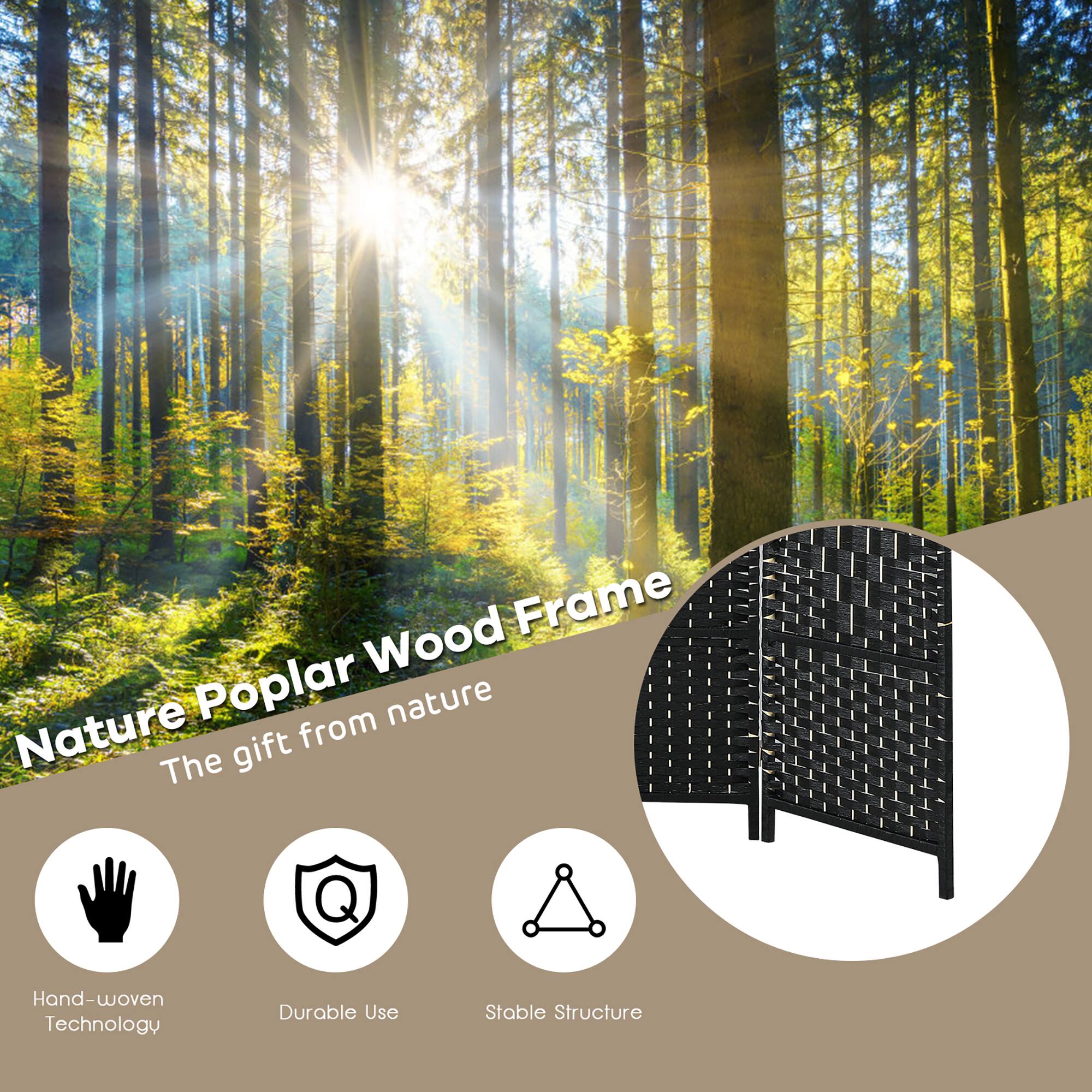 Nature Poplar Wood Frame  
The gift from nature  

Hand-woven Technology  
Durable Use  
Stable Structure
