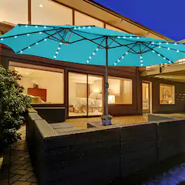 Mondawe - 15 FT Twin Patio Umbrella with 48 Solar LED Lights Double-Sided - Turquoise