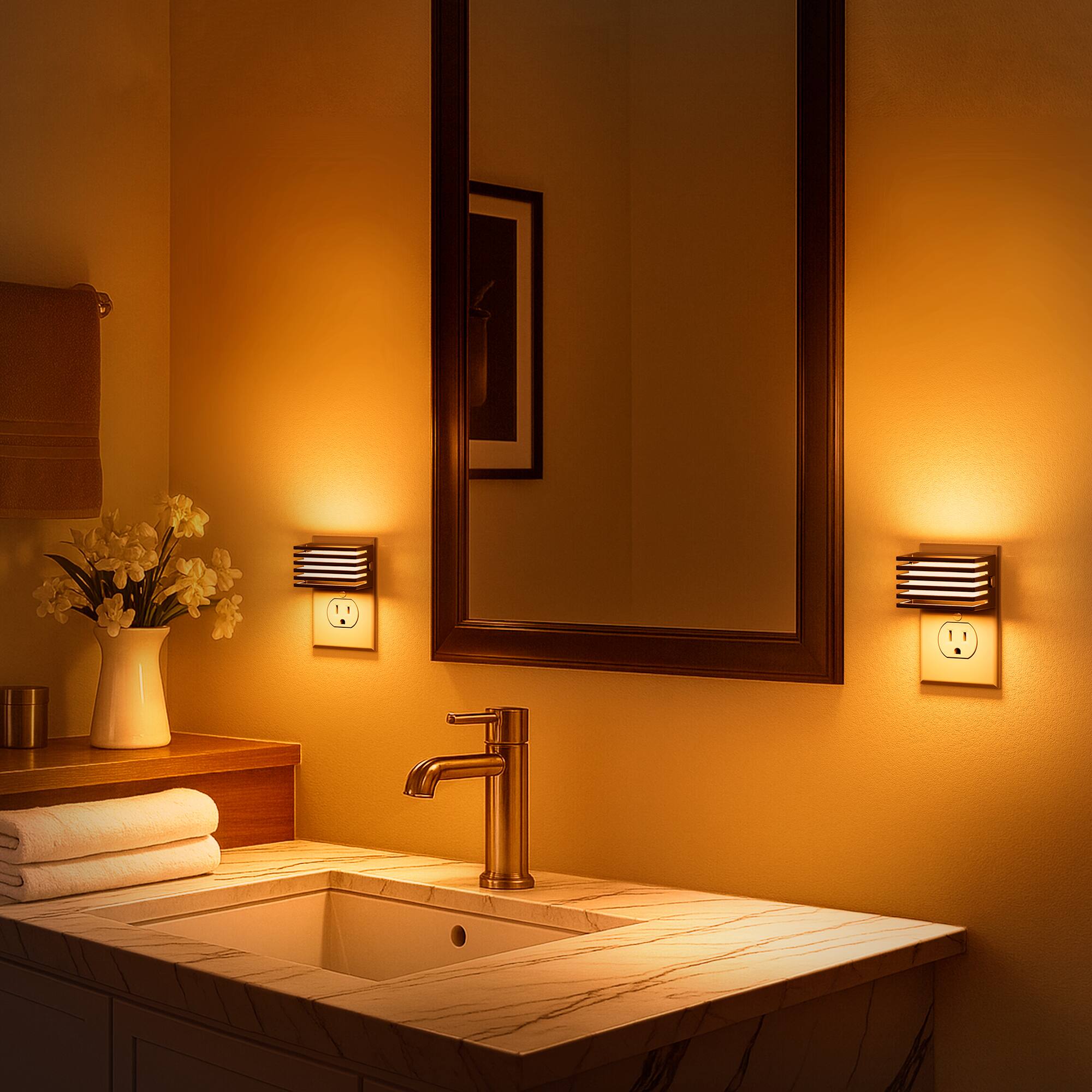 Left. Jandcase - JANDCASE 2-Pack 1W  Plug-in Night Light, Amber Glow, Up/Down Light, 3-Step Dimming, Color Memory, Dusk-to-Dawn - Black.