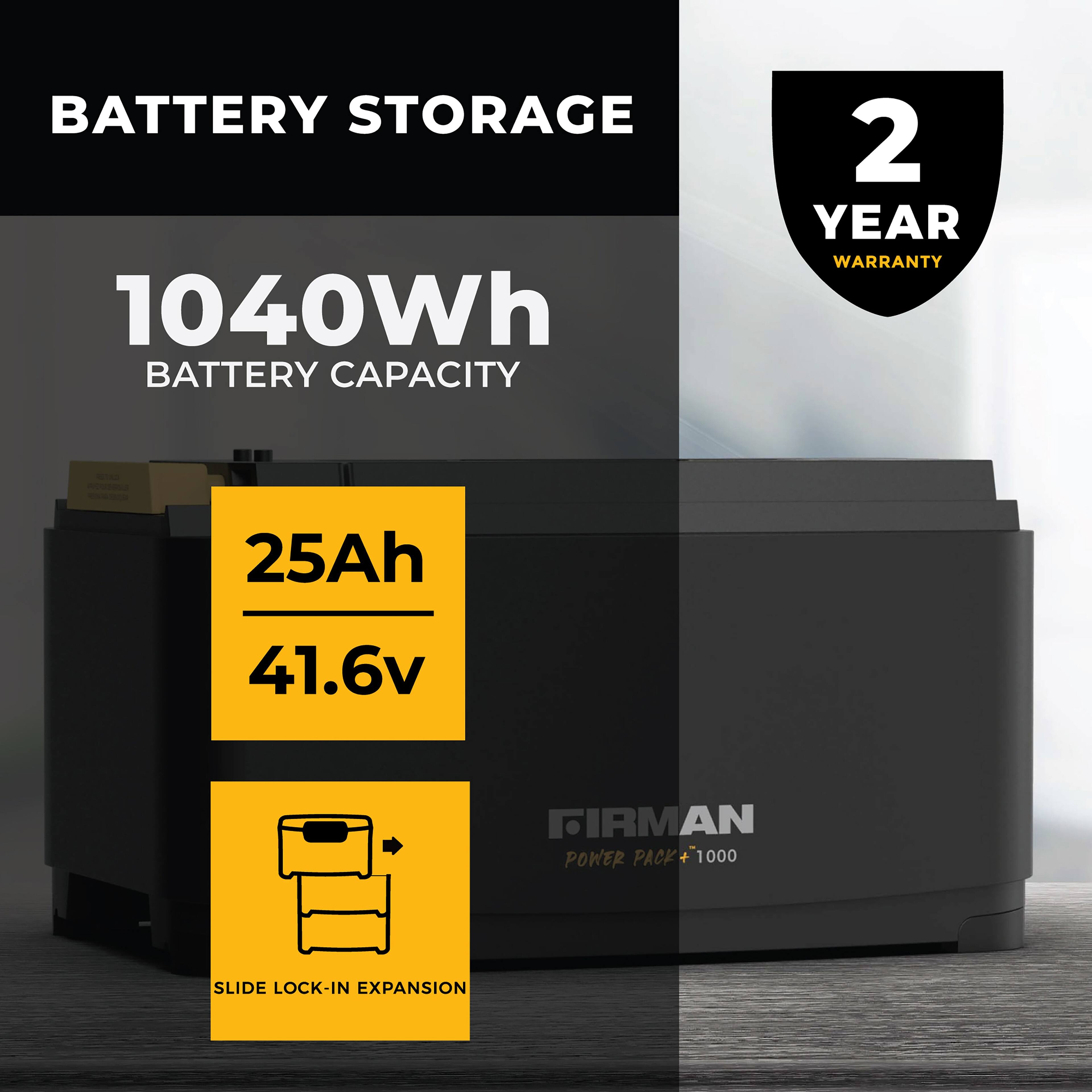 BATTERY STORAGE  
1040Wh BATTERY CAPACITY  
2 YEAR WARRANTY  
25Ah 41.6v  
FIRMAN POWER PACK 1000  
SLIDE LOCK-IN EXPANSION