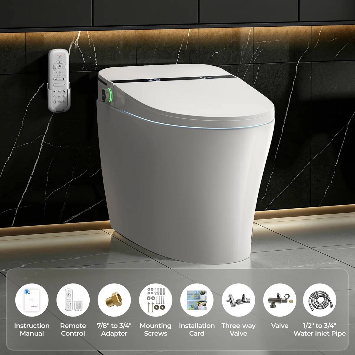 - Instruction Manual
- Remote Control
- 7/8" to 3/4" Adapter
- Mounting Screws
- Installation Card
- Three-way Valve
- Valve
- 1/2" to 3/4" Water Inlet Pipe