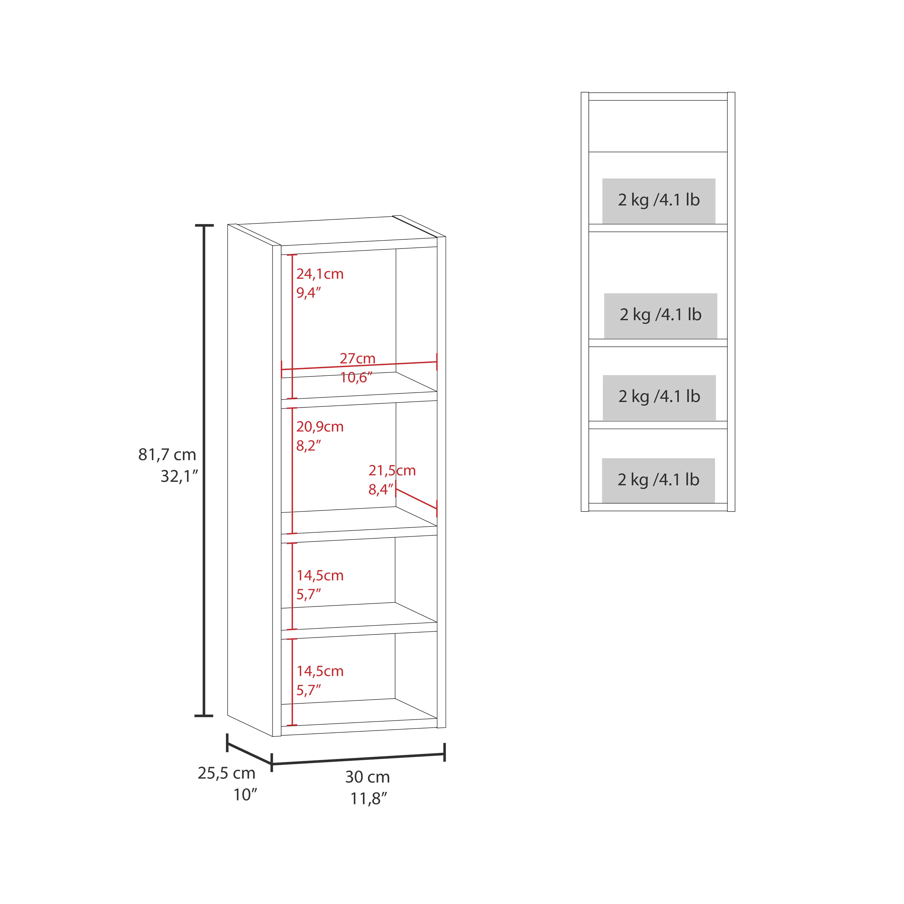 - 2 kg / 4.1 lb
- 24.1 cm / 9.4"
- 81.7 cm / 32.1"
- 27 cm / 10.6"
- 20.9 cm / 8.2"
- 21.5 cm / 8.4"
- 14.5 cm / 5.7"
- 25.5 cm / 10"
- 30 cm / 11.8"