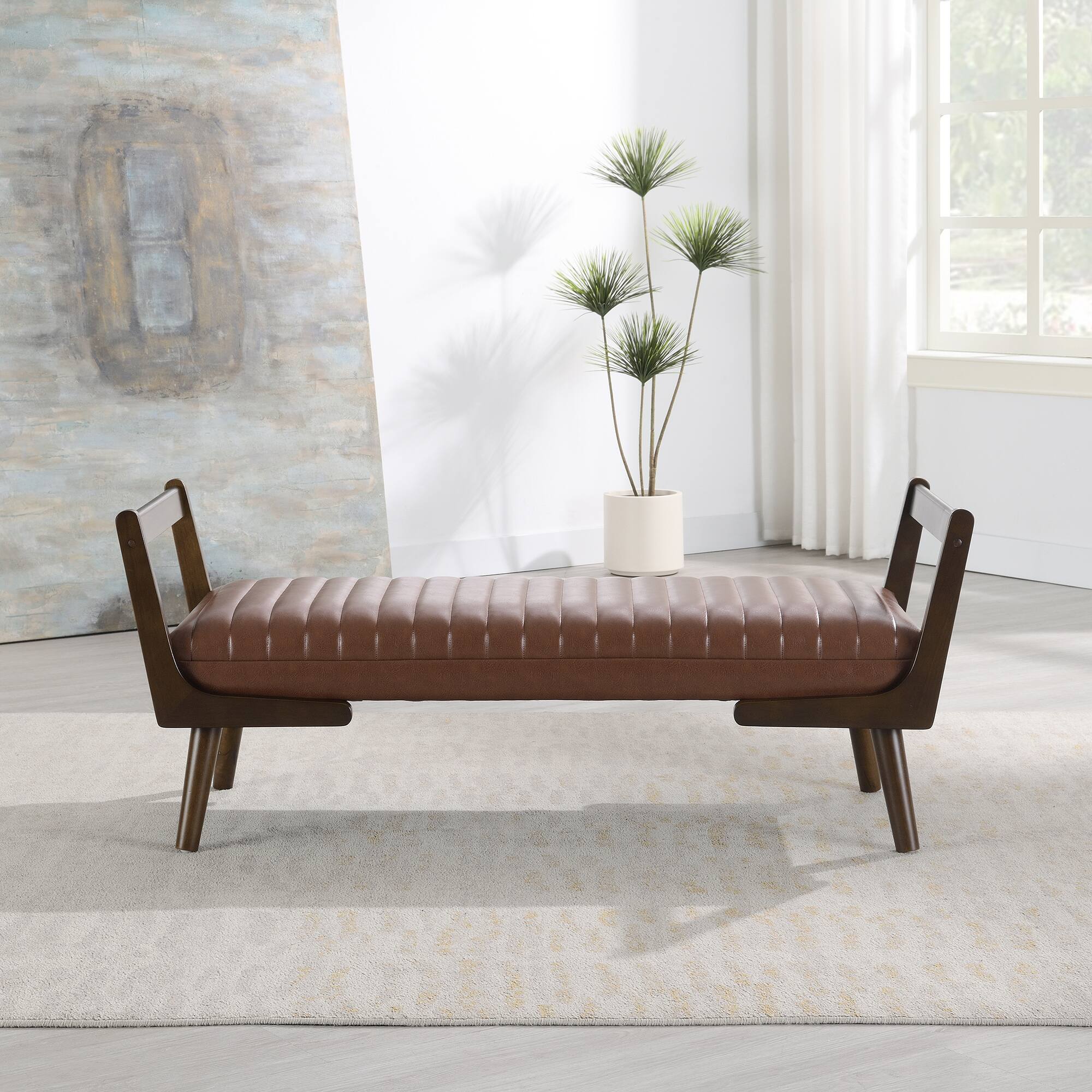 Angle. GOODSILO - Mid-Century Modern Upholstered Bench with Walnut Wood Legs and Channeled Tufted Design for Living Spaces - Cognac.