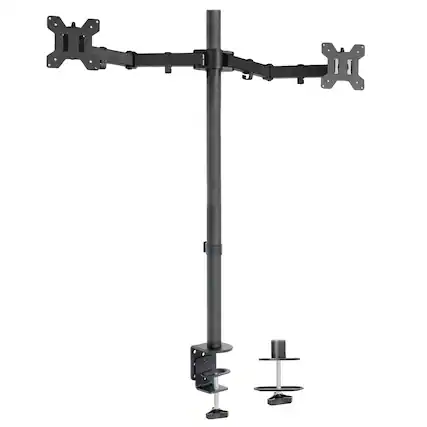 Front. Cedar Assembly - Dual Monitor Stand Up Desk Mount Extra Tall Pole Fully Adjustable For To 27 Screens - Black 13" - 27" screens.