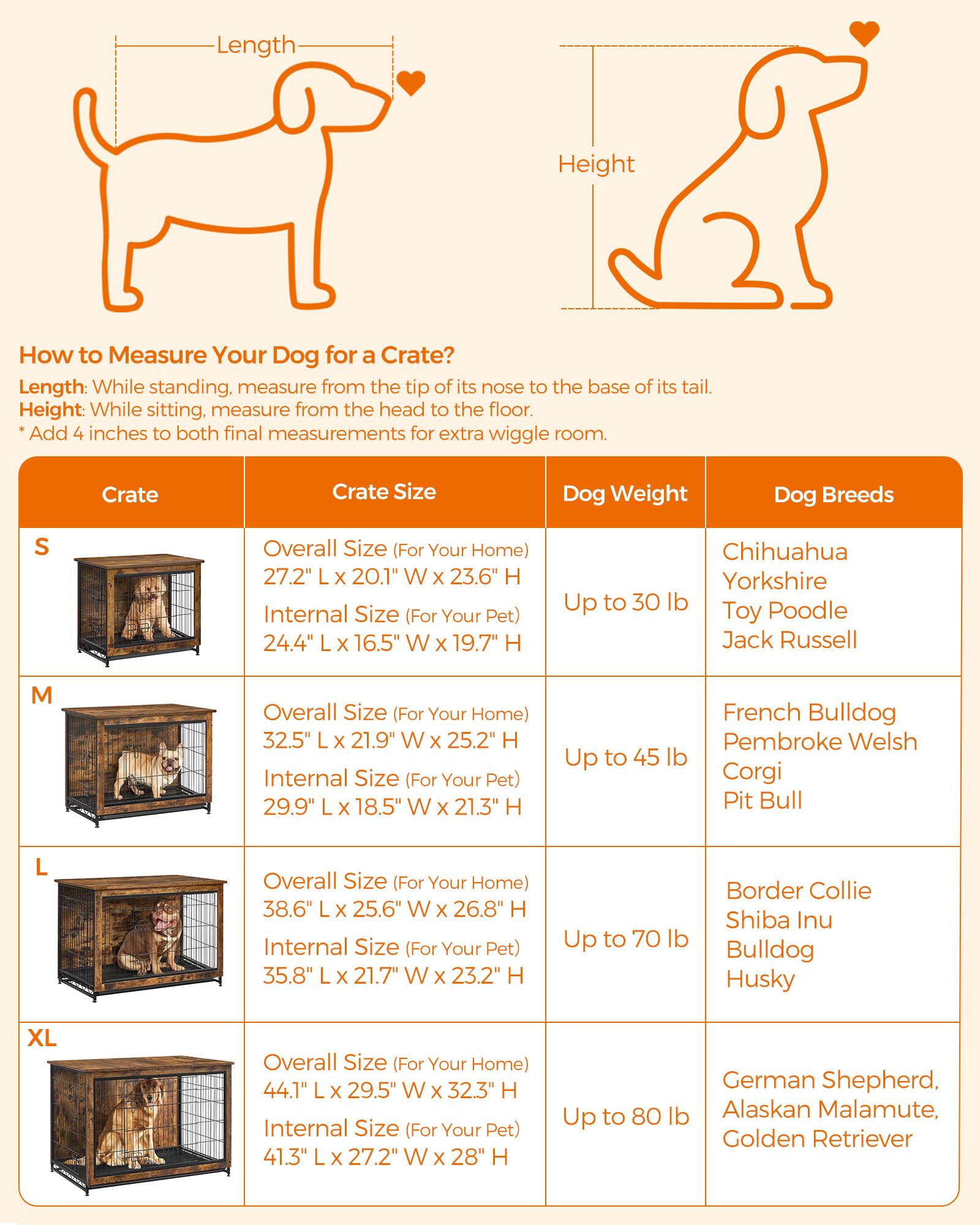 Length
Height
How to Measure Your Dog for a Crate? Length: While standing, measure from the tip of its nose to the base of its tail. Height: While sitting, measure from the head to the floor. Add 4 inches to both final measurements for extra wiggle room.
Crate
Crate Size
Dog Weight
Dog Breeds
S
Overall Size (For Your Home) 27.2" L X 20.1" W X 23.6" H Internal Size (For Your Pet) 24.4" L X 16.5" W X 19.7" H
Chihuahua Yorkshire Up to 30 lb Poodle Toy Jack Russell
M
Overall Size (For Your Home) 32.5" L X 21.9" W X 25.2" H Internal Size (For Your Pet) 29.9" L X 18.5" W X 21.3" H
French Bulldog Pembroke Welsh Corgi Pit Bull
L
Overall Size (For Your Home) 38.6" L X 25.6" W X 26