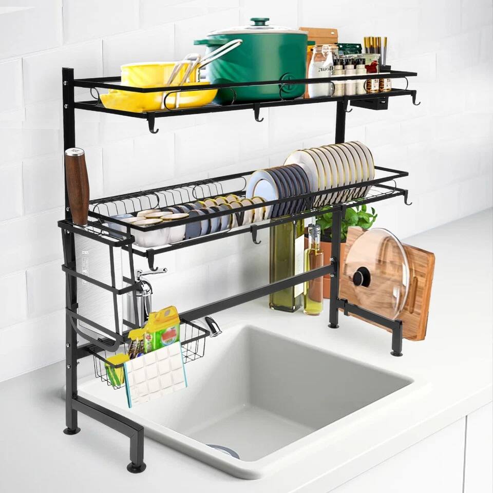 Left. Home Collection - 2-Tier Over Sink Dish Drying Rack Carbon Steel Kitchen Organizer Cup Cutlery Shelf.