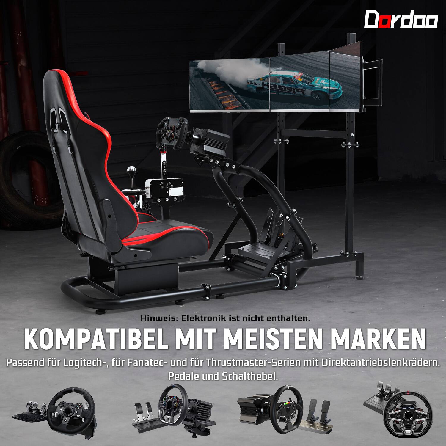 Dordoo  
FRESH  

Hinweis: Elektronik ist nicht enthalten.  
KOMPATIBEL MIT MEISTEN MARKEN  
Passend für Logitech-, für Fanatec- und für Thrustmaster-Serien mit Direktantriebslenkern. Pedale und Schalthebel.