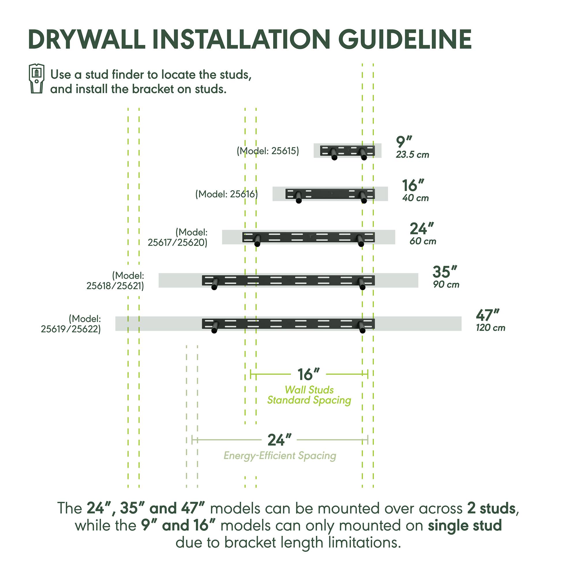 DRYWALL INSTALLATION GUIDELINE

Use a stud finder to locate the studs, and install the bracket on studs.

- (Model: 25615) 9" 23.5 cm
- (Model: 25616) 16" 40 cm
- (Model: 25617/25620) 24" 60 cm
- (Model: 25618/25621) 35" 90 cm
- (Model: 25619/25622) 47" 120 cm

16" Wall Studs Standard Spacing  
24" Energy-Efficient Spacing

The 24", 35" and 47" models can be mounted over across 2 studs, while the 9" and 16" models can only be mounted on single stud due to bracket length limitations.