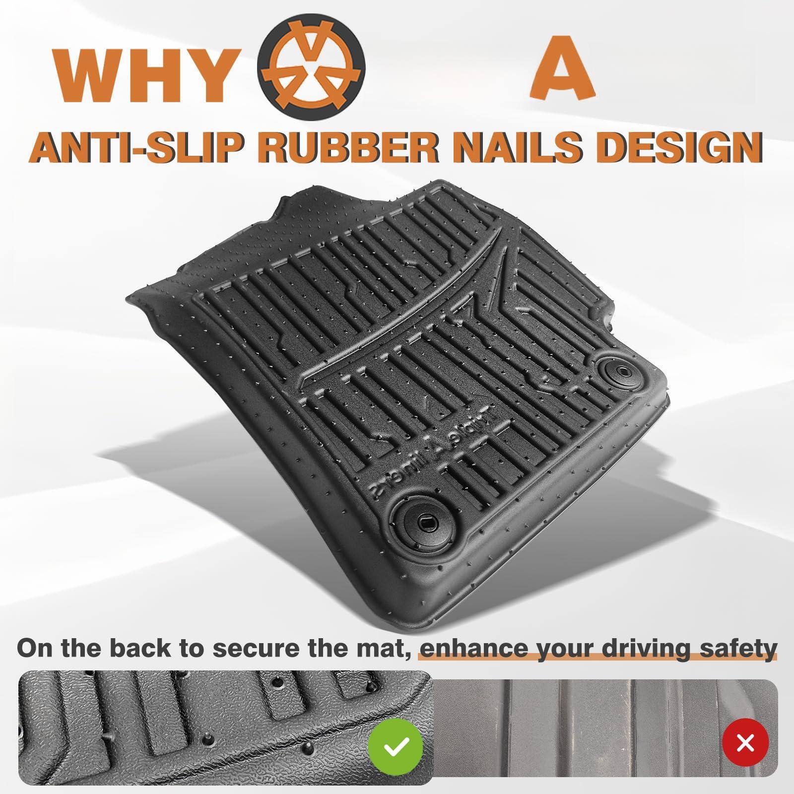 WHY ANTI-SLIP RUBBER NAILS DESIGN

On the back to secure the mat, enhance your driving safety