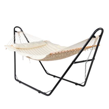 Front. Winado - 10 FT Hammock Set, Hammock with Stand, Rope Hammock, Pillow, Pad, Adjustable Steel chains for Outdoor Garden Backyard - Black & Off white.