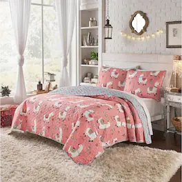 Hivvago - Twin/Twin XL Reversible Floral Llama Cotton Quilt Set - Pink Blue