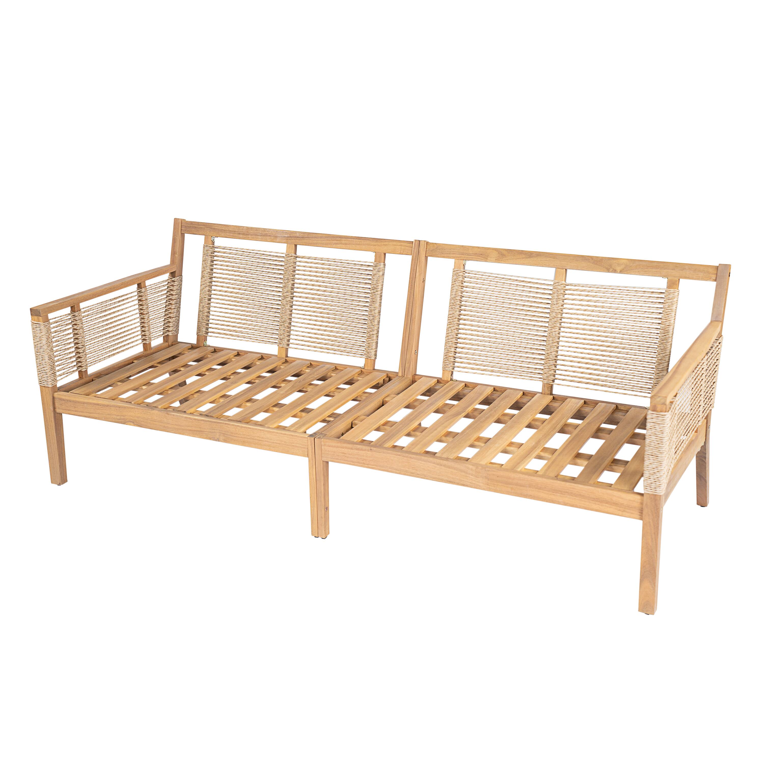 Back. Whisen - 75" W Outdoor 3-Seater Sofa, Acacia Wood Patio Loveseat with Hand-Woven Rope & Water-Resistant Cushions - Light Teak|Beige.