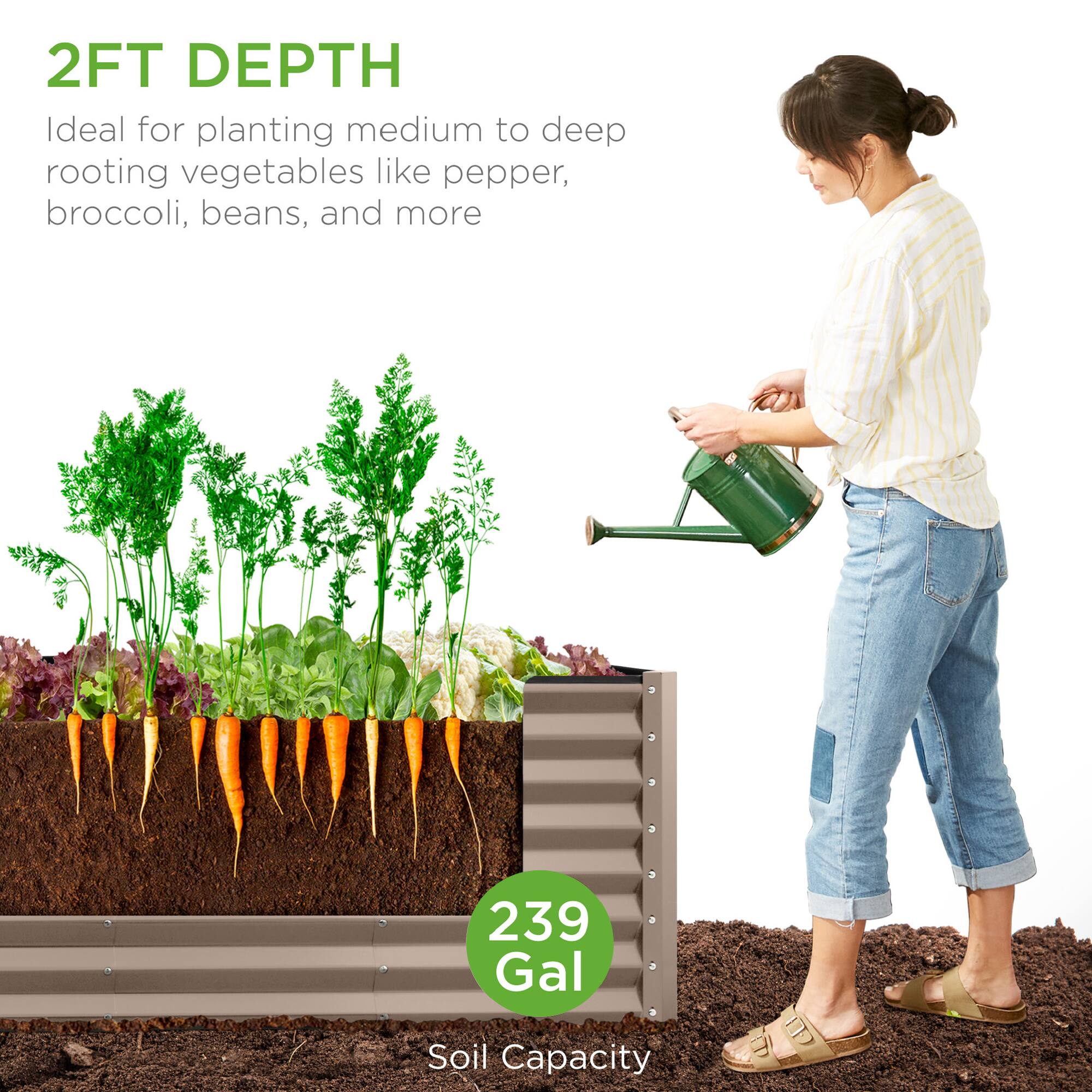 2FT DEPTH  
Ideal for planting medium to deep rooting vegetables like pepper, broccoli, beans, and more  

239 Gal  
Soil Capacity