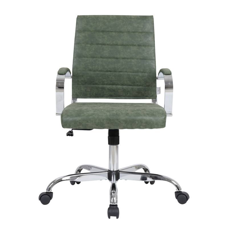Left. LeisureMod - Set of 2 - Benmar Modern Leather Office Desk Chair with Ribbed Seat and Steel Frame Computer Chair - Green.