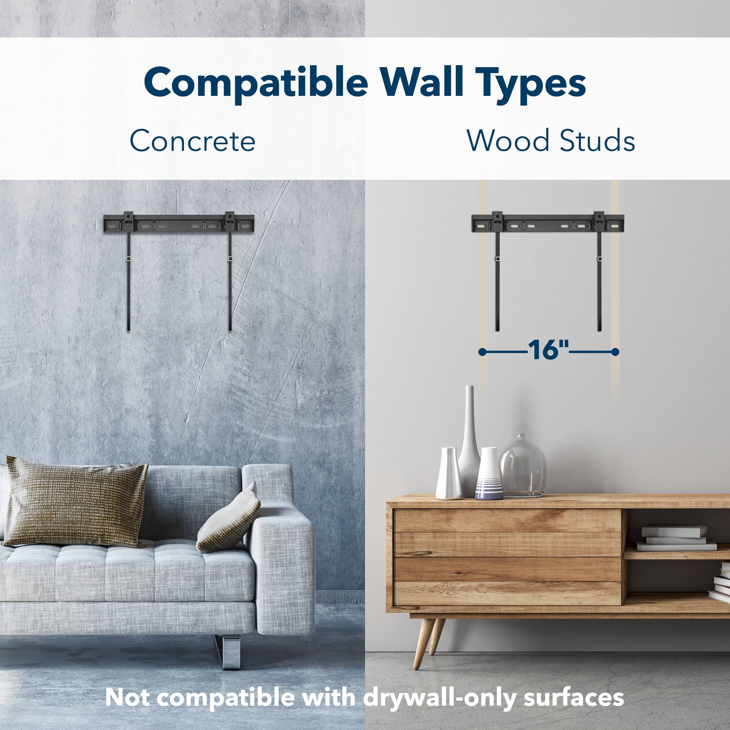 Compatible Wall Types: Concrete, Wood Studs (16")  
Not compatible with drywall-only surfaces