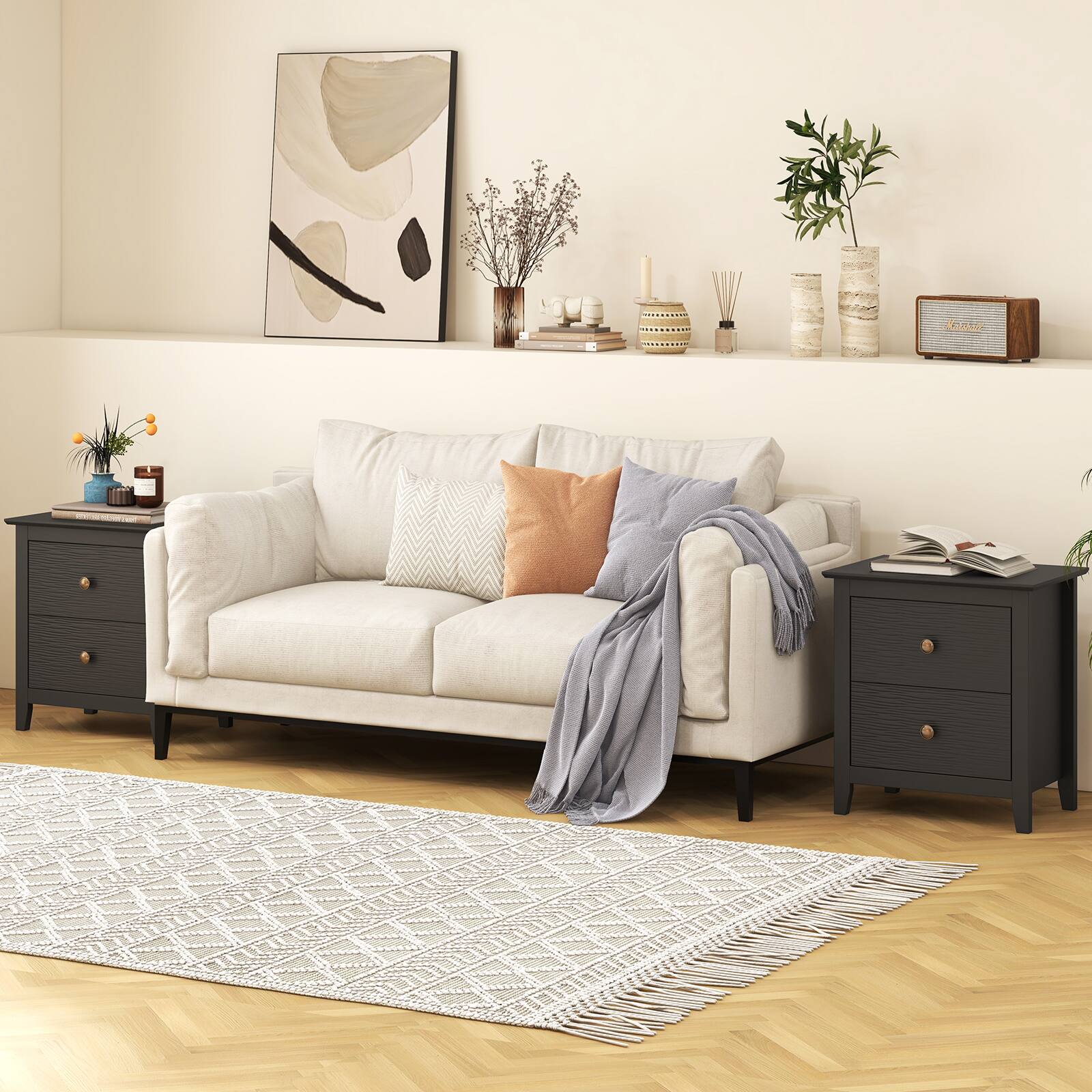 Alt View 1. Gymax - Gymax 2PCS Modern Nightstand w/ Storage 2 Drawers & Support Legs for Bedroom White - Black.