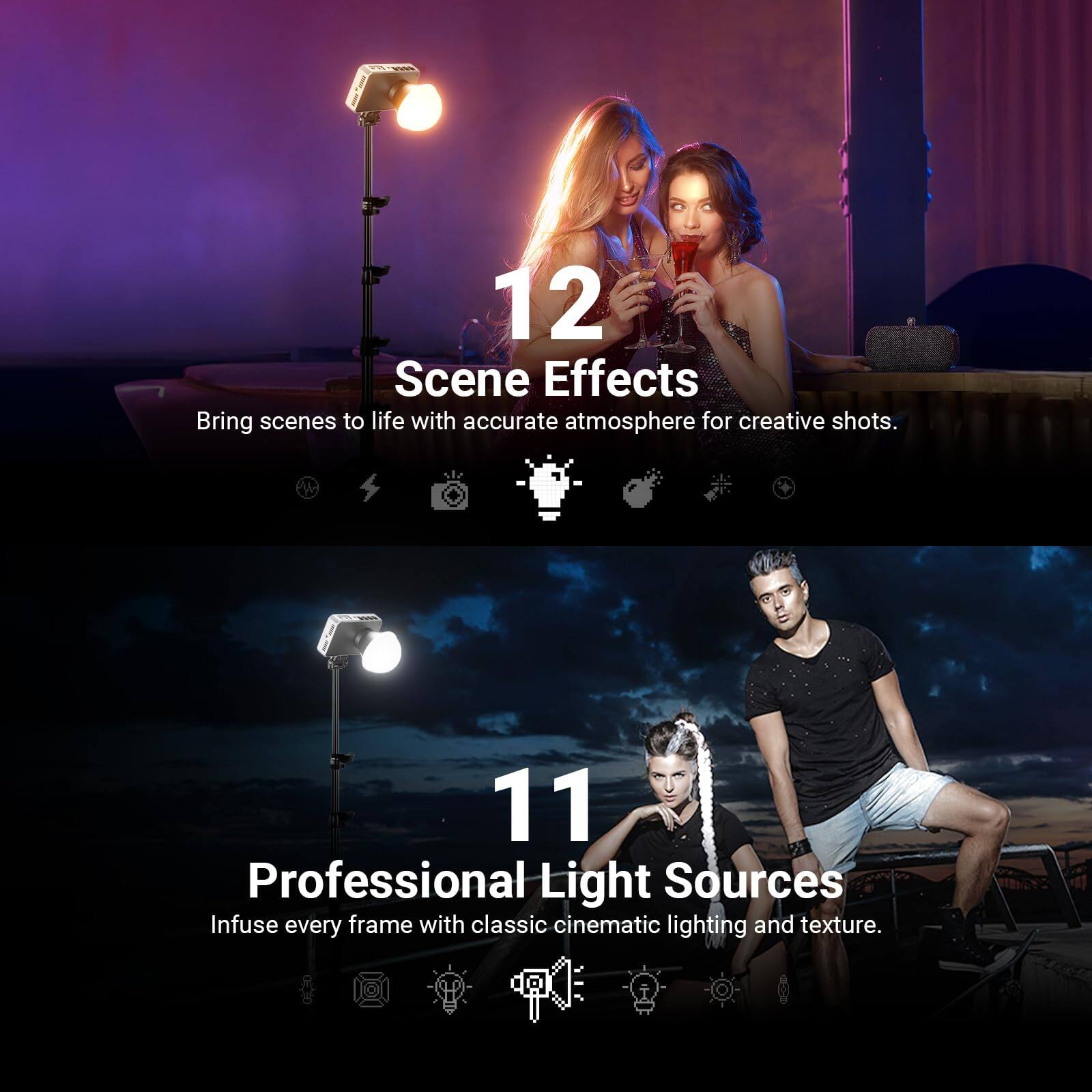 12 Scene Effects  
Bring scenes to life with accurate atmosphere for creative shots.  

11 Professional Light Sources  
Infuse every frame with classic cinematic lighting and texture.