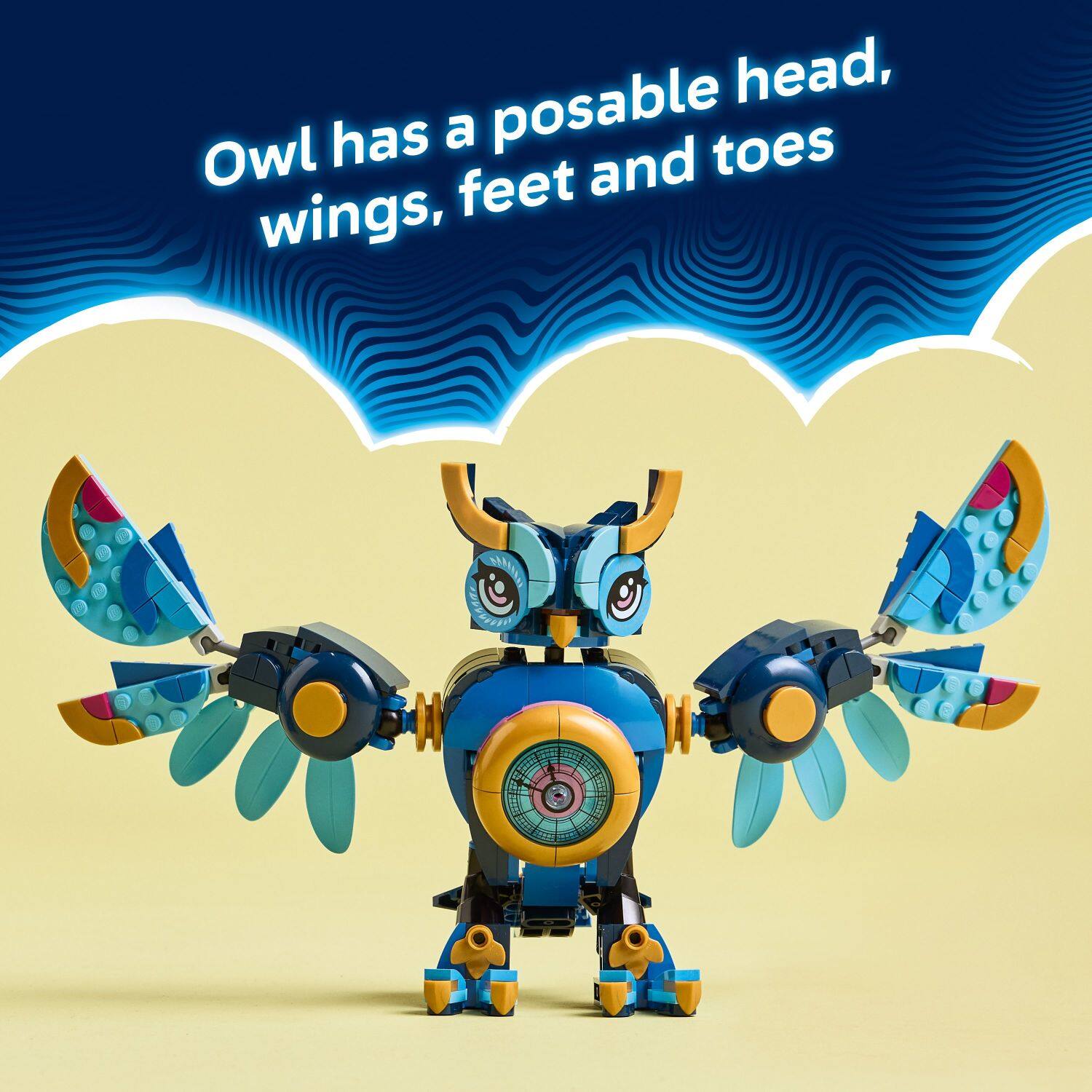 Owl has a posable head, wings, feet and toes