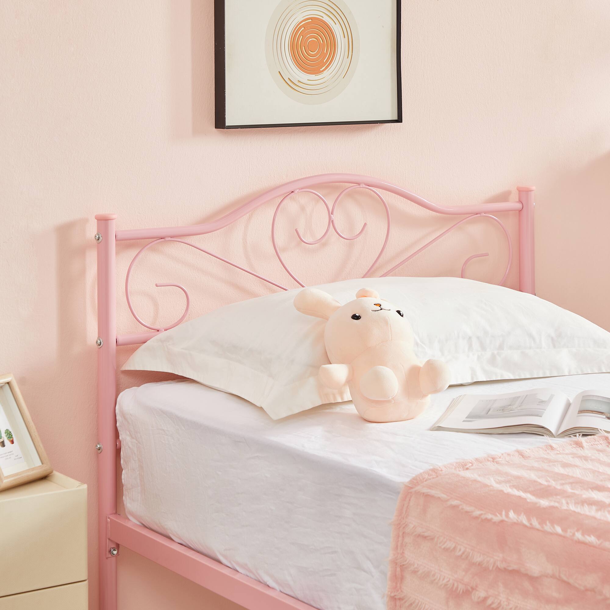 Left. Vecelo - 14" Twin Metal Bed Frame with Headboard&Footboard, Heavy Duty Steel Slats, No Box Spring, Pink-Easy Assembly - Pink.