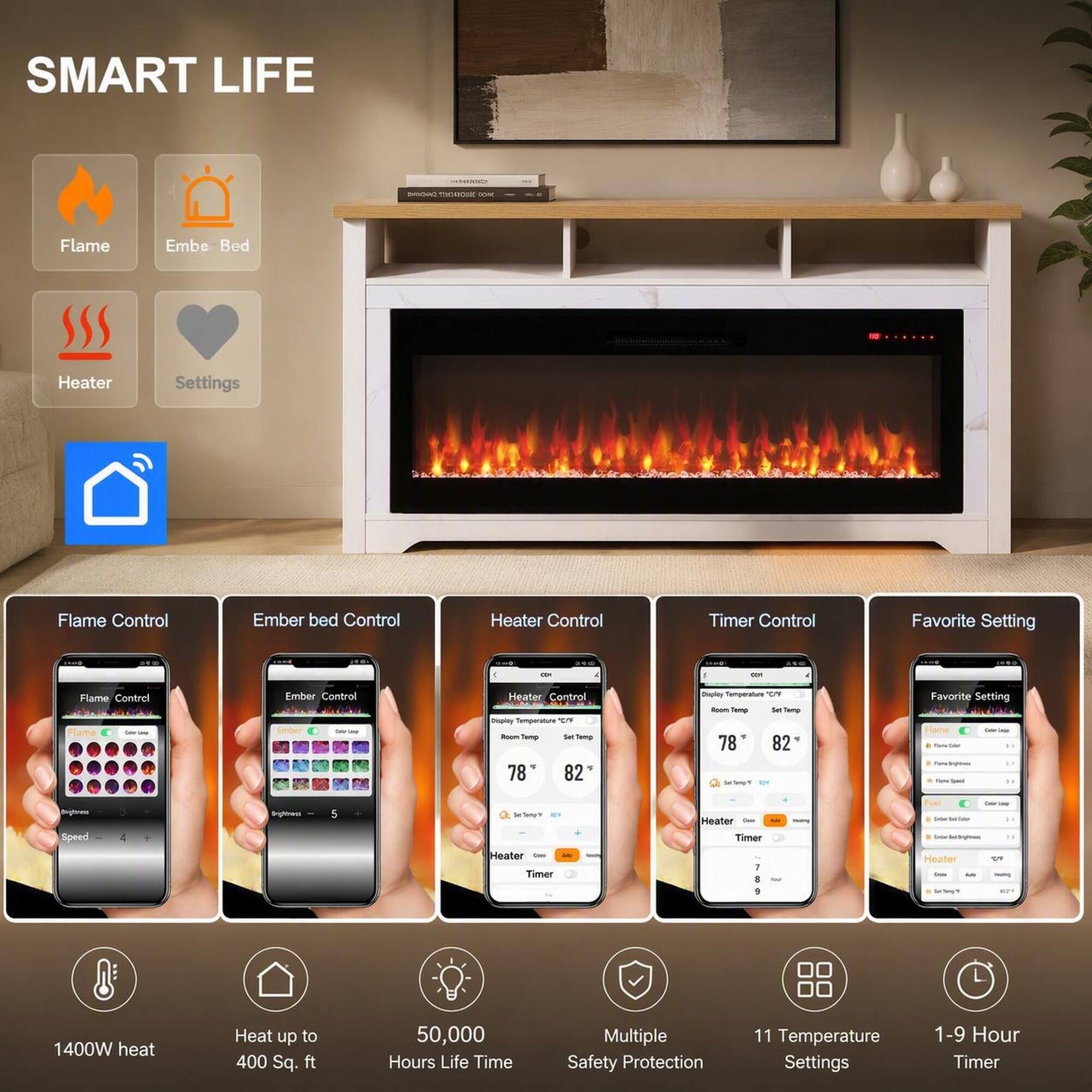 SMART LIFE

- DONE

Flame
Ember Bed
Heater
Settings

Flame Control
Ember Bed Control
Heater Control
Timer Control
Favorite Setting

340

18m
KD

Flame Control Less
Ember Control Only
Heater Control Display Temperature no Room Temp & Temp 78 82
Display Temperature PO' Room Temp Set Temp 78 82 Sal Temp/T age
Favorite Setting Colo-Cosa Parce Faker 1) FlaterBook 31
Brightness Speed
S
Brightness
5
Se Serpy Heater Timer
Heater form Timer 1 8 9
Ondor Red-Cally 11 Millighten 11 Heater CT - Add - Selfung*

1400W heat
Heat up to 400 Sq. ft
50,000 Hours Life Time
Multiple Safety Protection
11 Temperature Settings
1-9 Hour Timer