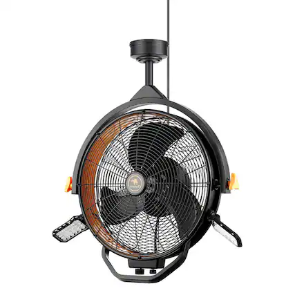 Front. MULE - Mule 18" Garage Fan XL with Work Lights, Dual Height Ceiling Mounting Options - Matte Black.