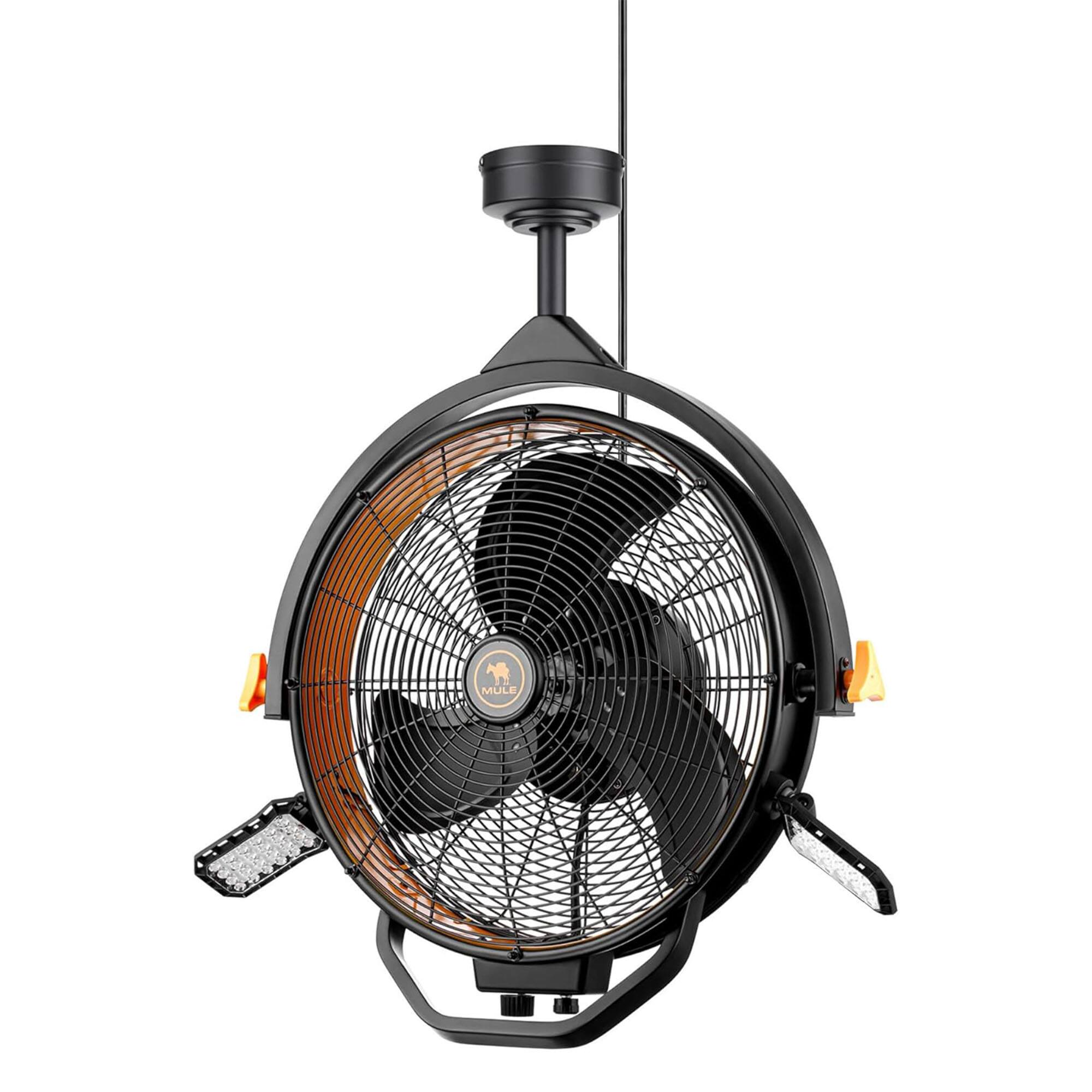 Front. MULE - Mule 18" Garage Fan XL with Work Lights, Dual Height Ceiling Mounting Options - Matte Black.