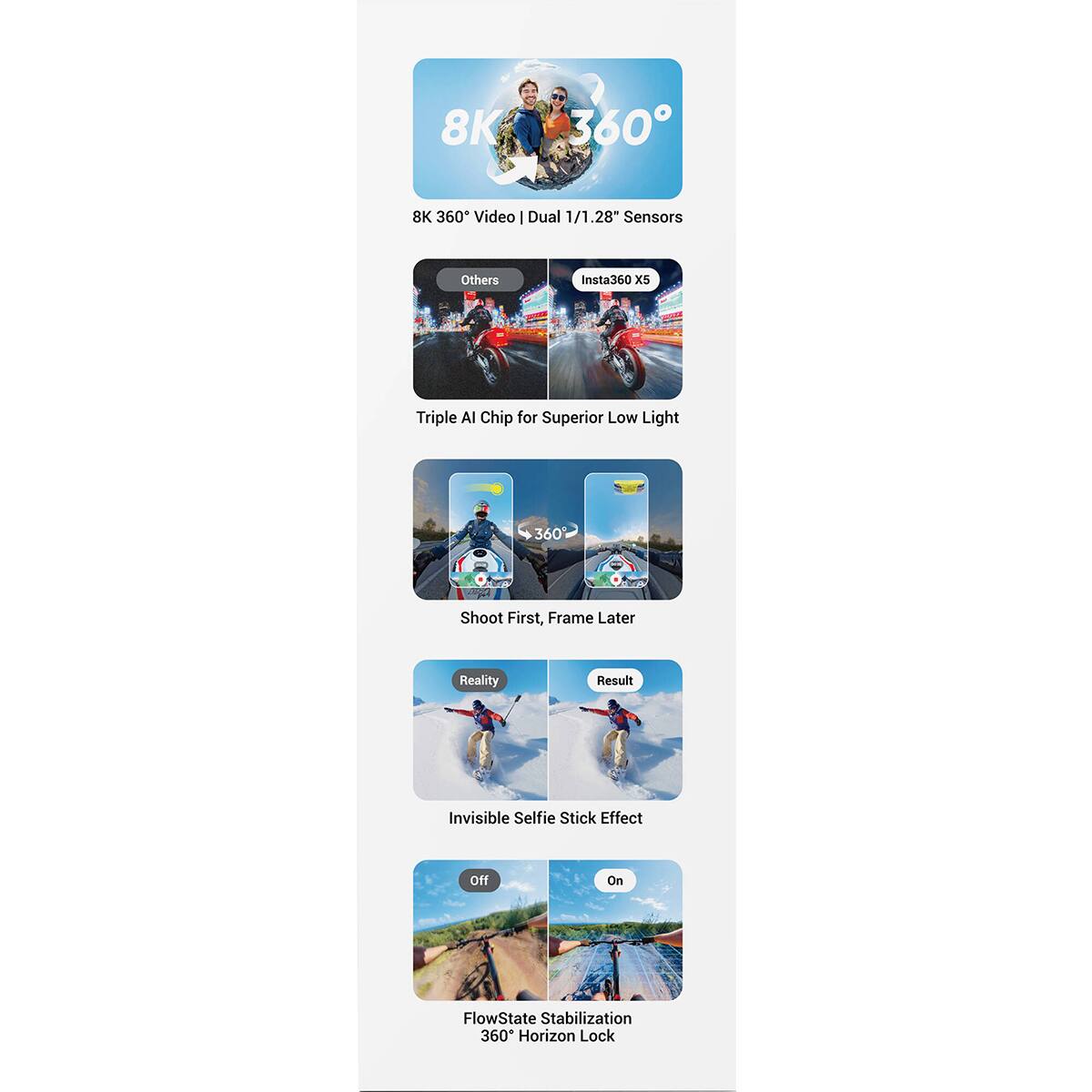 8K 360° Video | Dual 1/1.28" Sensors

Insta360 X5

Triple AI Chip for Superior Low Light

Shoot First, Frame Later

Invisible Selfie Stick Effect

FlowState Stabilization 360° Horizon Lock