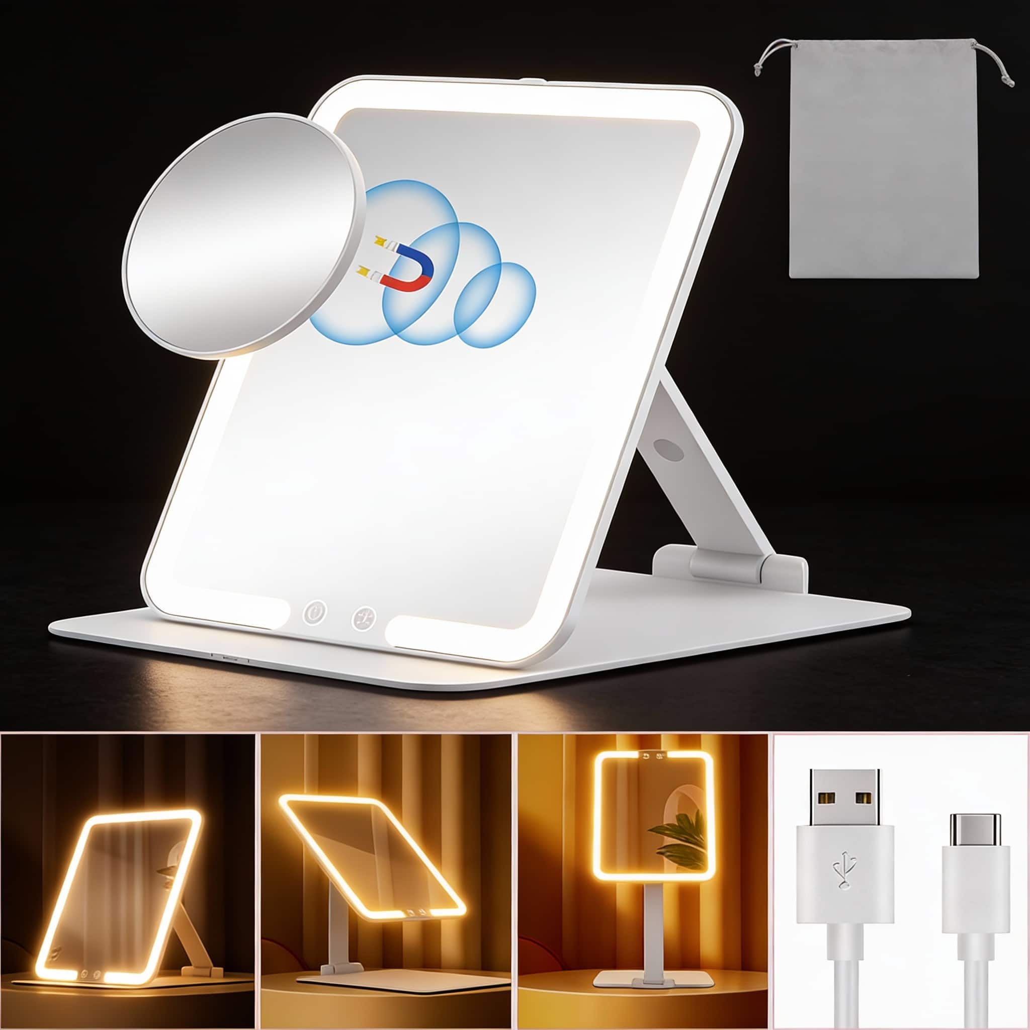 PO3TICJUNKI3 - Travel Makeup Mirror With Lights And Magnification 10x Portable Make Up Compact Tabletop Adjustable Stand 3 - White