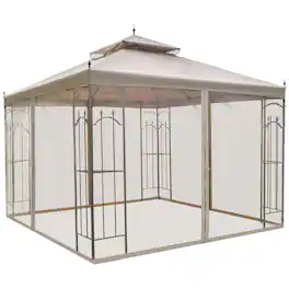 Outsunny - 10' x 10' Patio Gazebo with Corner Frame Shelves, Double Roof Outdoor Gazebo Canopy Shelter with Netting - Brown