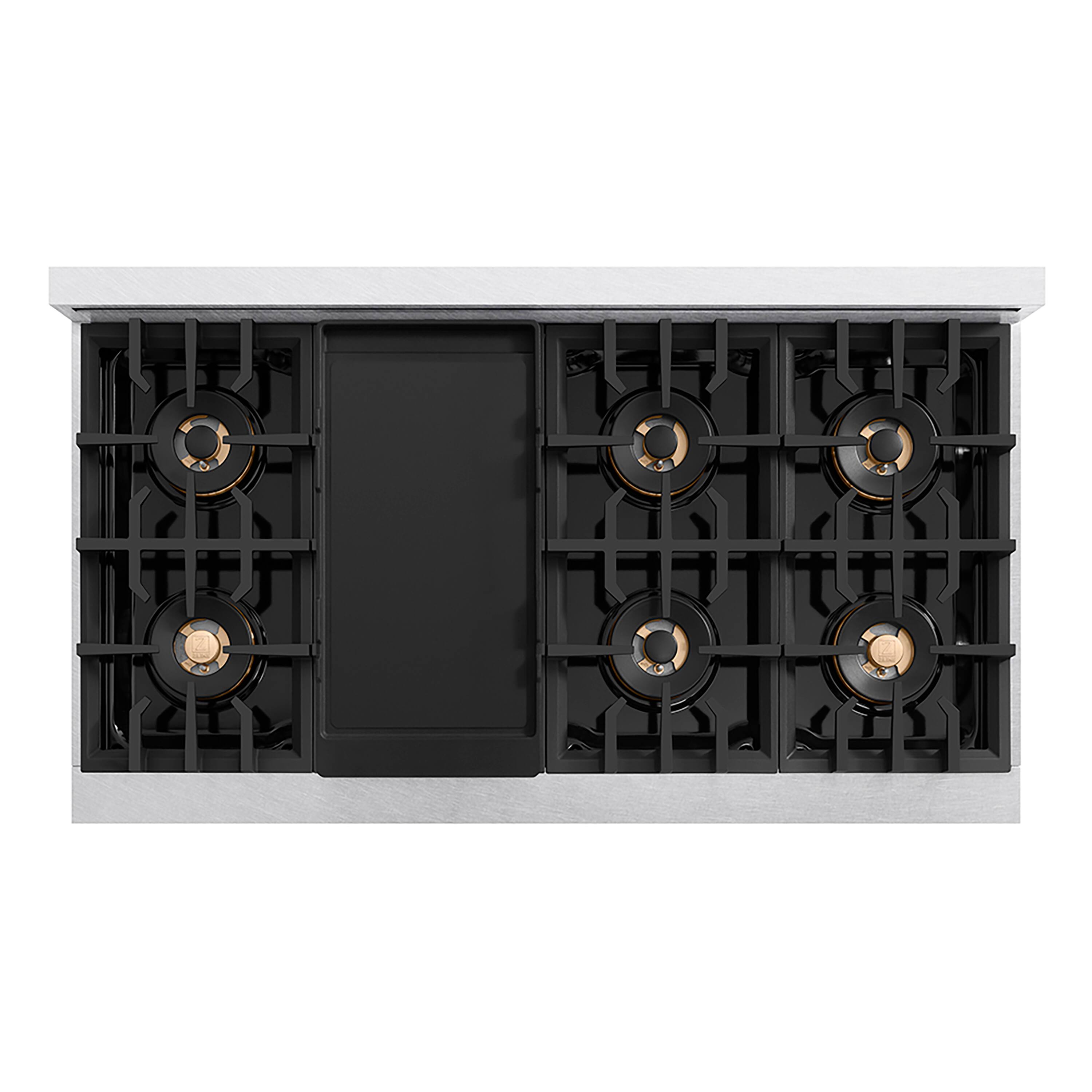 Left. ZLINE - ZLINE Autograph 48 in. Satin Steel Classic Rangetop with 8 DuoPro Burners and Gold Accents (PCRTSZ-48-G) - Satin Stainless Steel.