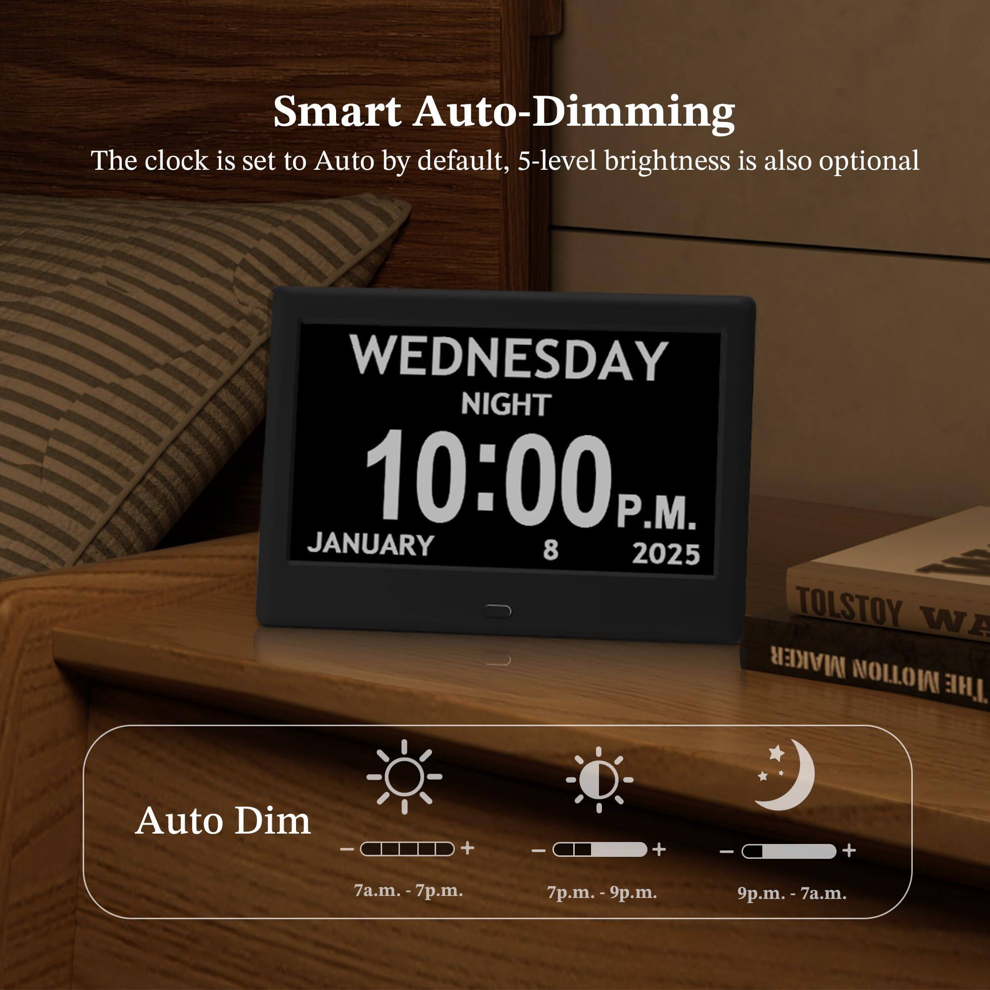 Smart Auto-Dimming  
The clock is set to Auto by default, 5-level brightness is also optional  

WEDNESDAY NIGHT  
10:00 P.M.  
JANUARY 8 2025  

TOLSTOY WA MAKER MOTION  

Auto Dim  
7a.m. - 7p.m.  
7p.m. - 9p.m.  
9p.m. - 7a.m.