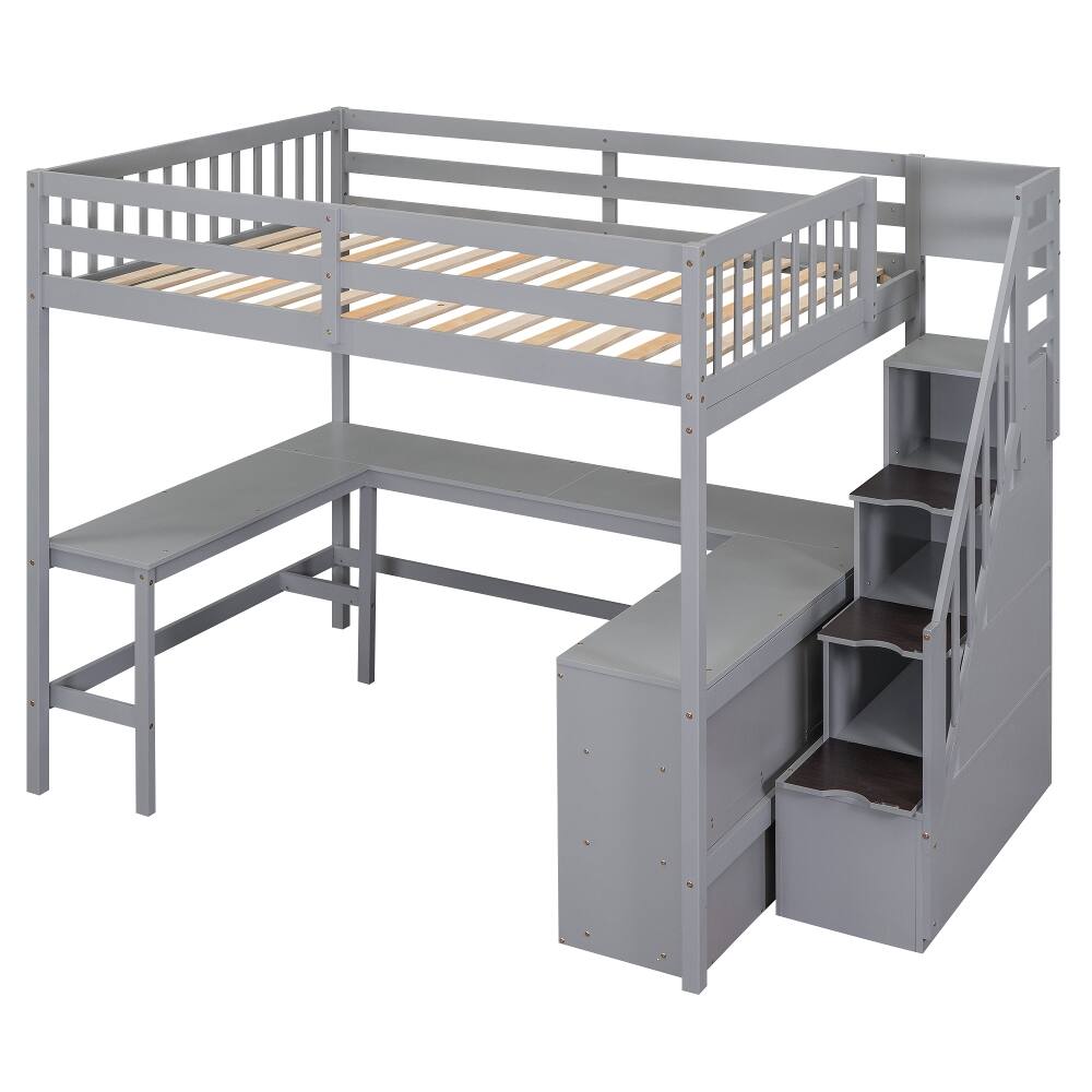 Alt View 2. Loheer - Loheer Full Size Loft Bed with Desk, Gray Loft Bed with Storage Stairs and Shelves, Pine Wood - Gray.