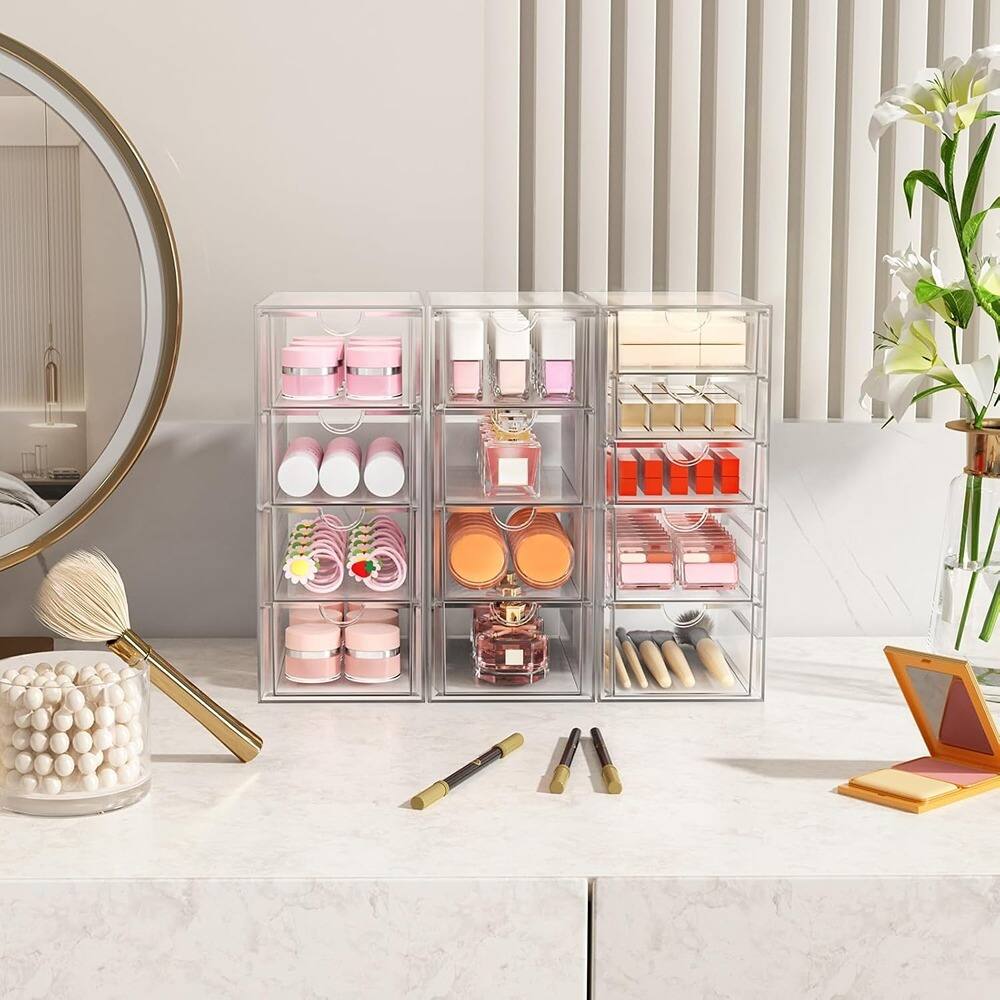 Angle. RTMB - 3-Pack Acrylic Makeup Organizer, 13 Drawers, Clear Desk Storage.