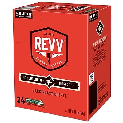 KEURIG  
CULTIVATING GREAT TASTE  
KEURIG CUPPOOS  

EST. 2010  
REVV  
STRONG COFFEE  

NO SURRENDER  
MOST COFFEE  

DARK ROAST COFFEE  

24 RECYCLABLE K-CUPPOOS  
NET WT 11.3 OZ (321g)