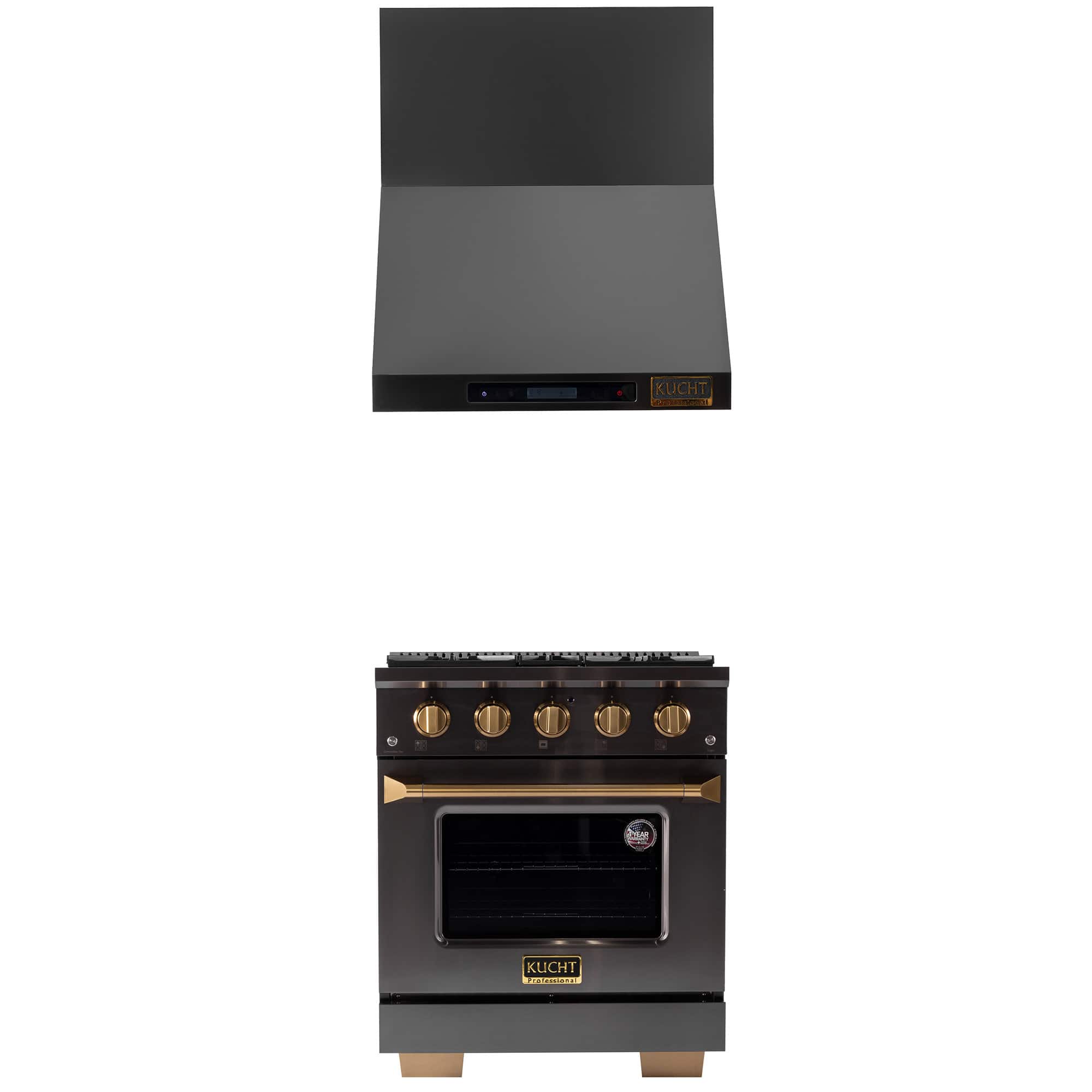 Kucht - 30 in. 4.2 cu. ft. 4-Burners Natural Gas Range with Convection Oven in Gemstone + Wall Mount Range Hood - Titanium Stainless Steel