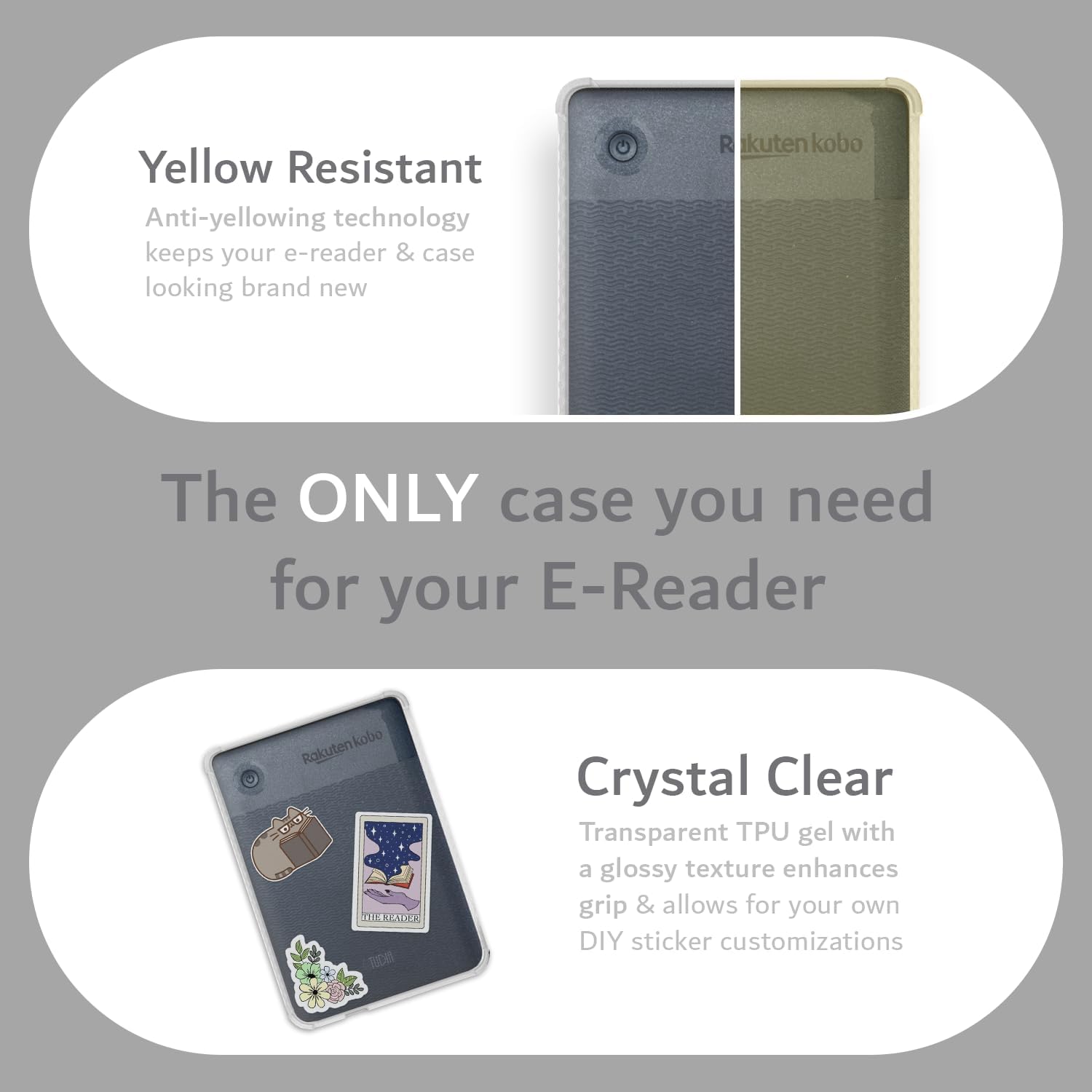 Yellow Resistant  
Anti-yellowing technology keeps your e-reader & case looking brand new  

The ONLY case you need for your E-Reader  

Crystal Clear  
Transparent TPU gel with a glossy texture enhances grip & allows for your own DIY sticker customizations
