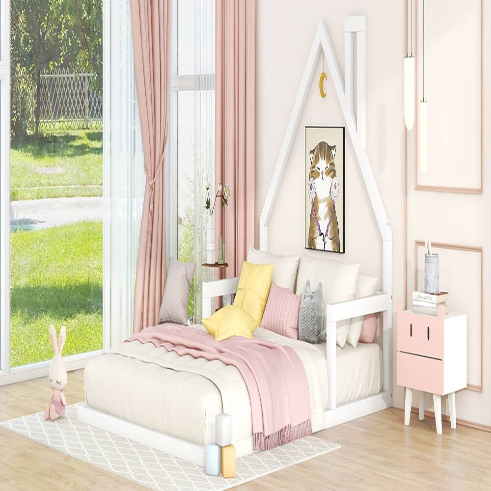 Alt View 3. Loheer - Loheer Full Size House Bed White Wood Floor Bed with House Shaped Headboard Kids House Bed Full Size - White.