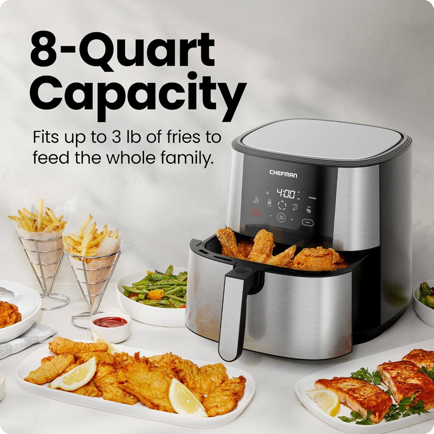 8-Quart Capacity
Fits up to 3 lb of fries to feed the whole family.