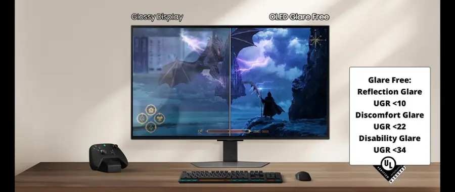 The text on the image reads: "Glossy Display OLED Glare Free I 580/5000 E Glare Free: Reflection Glare UGR <10 Discomfort Glare UGR <22 Disability Glare UGR <34 UL VERIFIED V166045." This text describes the features of a computer monitor, including its glossy display, OLED technology, and glare-free properties. The text also mentions the UGR (Unified Glare Rating) values for reflection glare, discomfort glare, and disability glare, which are all below the recommended values for a comfortable viewing experience.