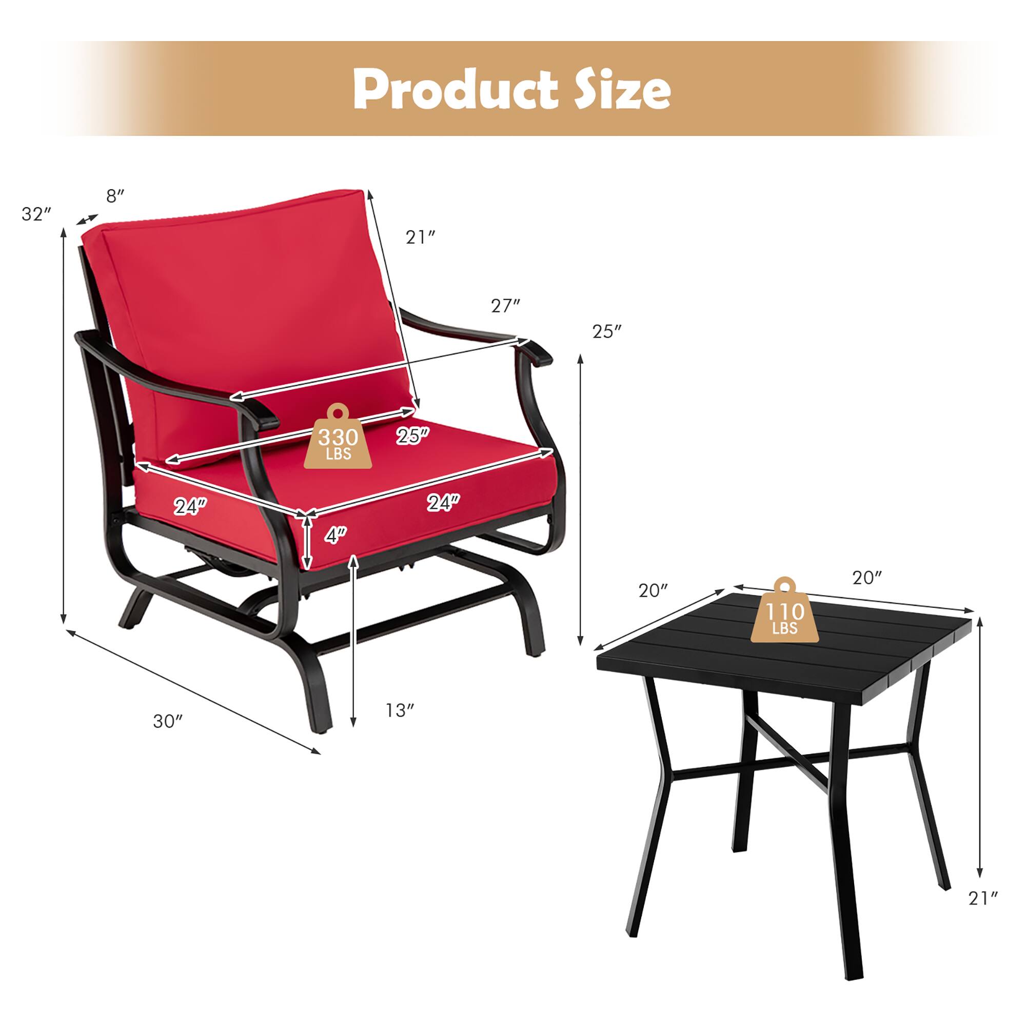 Product Size

- Chair:
  - Height: 32"
  - Width: 30"
  - Depth: 24"
  - Seat Height: 13"
  - Armrest Height: 21"
  - Back Height: 27"
  - Seat Depth: 25"
  - Seat Width: 24"
  - Weight Capacity: 330 LBS

- Table:
  - Height: 20"
  - Width: 20"
  - Depth: 21"
  - Weight Capacity: 110 LBS