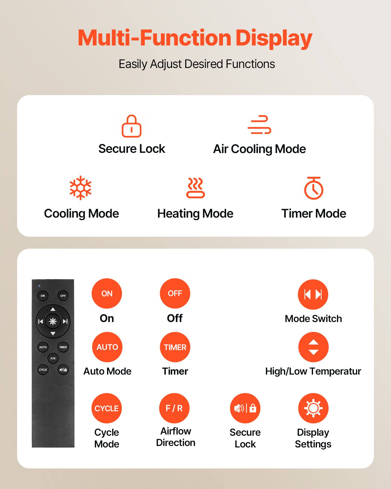 Multi-Function Display  
Easily Adjust Desired Functions  

- Secure Lock  
- Air Cooling Mode  
- Cooling Mode  
- Heating Mode  
- Timer Mode  

- On  
- Off  
- Auto Mode  
- Timer  
- Cycle Mode  
- Airflow Direction  
- Mode Switch  
- High/Low Temperature  
- Secure Lock  
- Display Settings