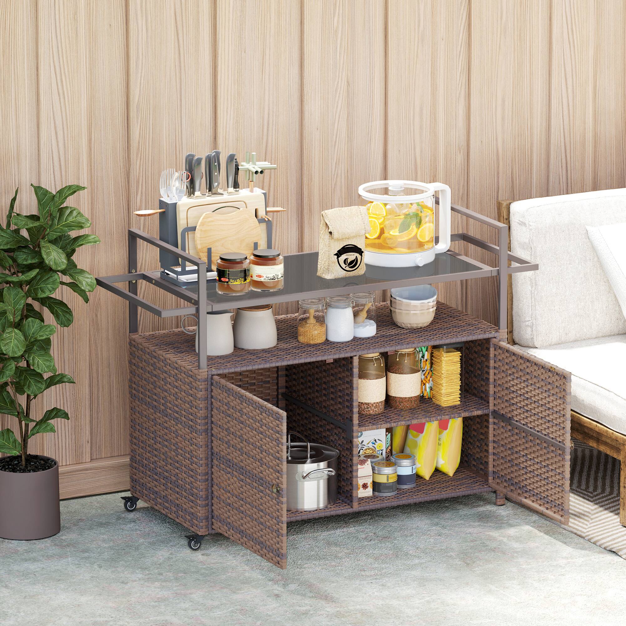 Alt View 8. Outsunny - PE Rattan Outdoor Storage Cabinet, Wicker Outdoor Bar Table Kitchen Island with Wheels & 2-Tier Shelf - Mixed Brown.