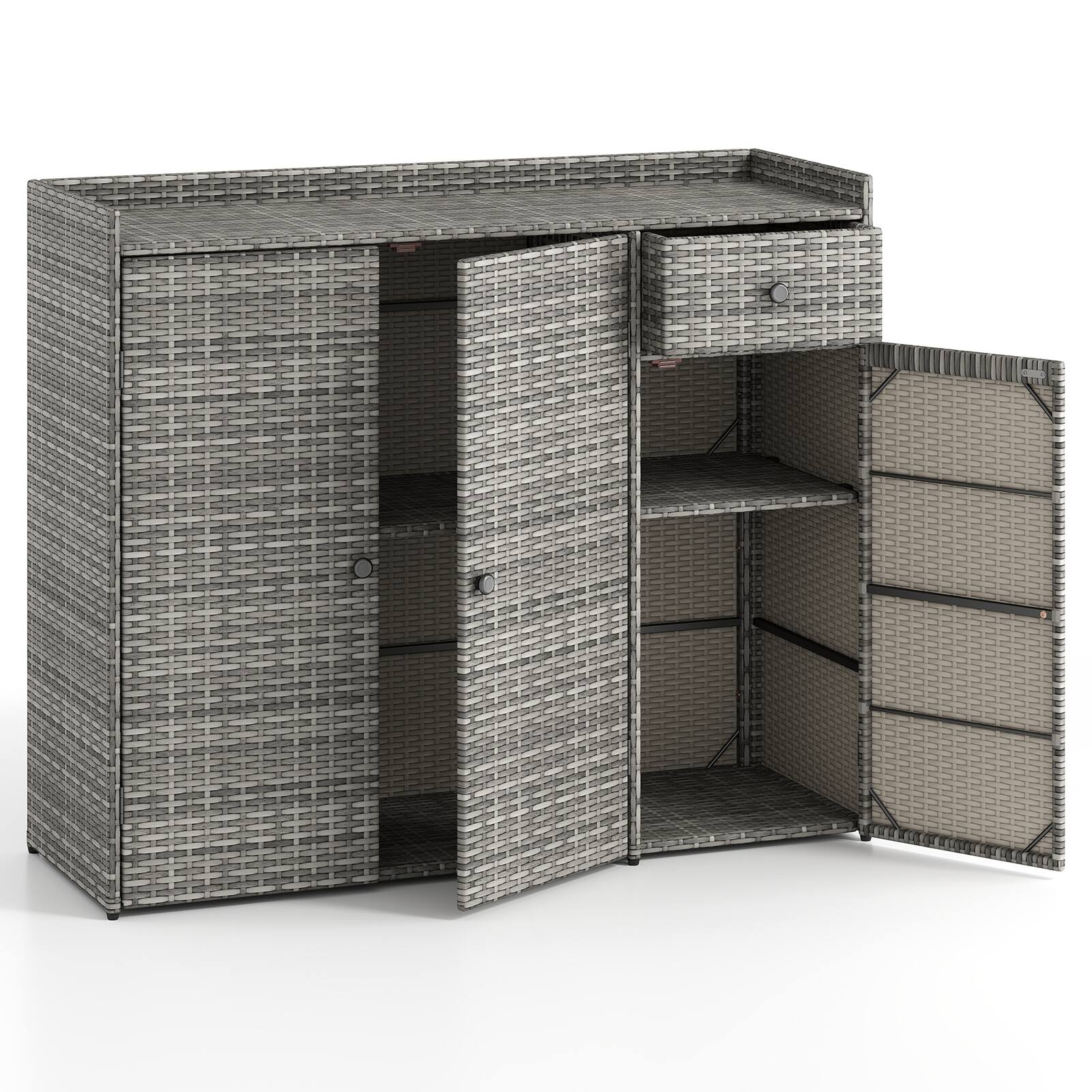 Alt View 9. Costway - Costway Outdoor PE Wicker Storage Cabinet with 3 Doors Adjustable Shelves and Drawer - Mix Gray.