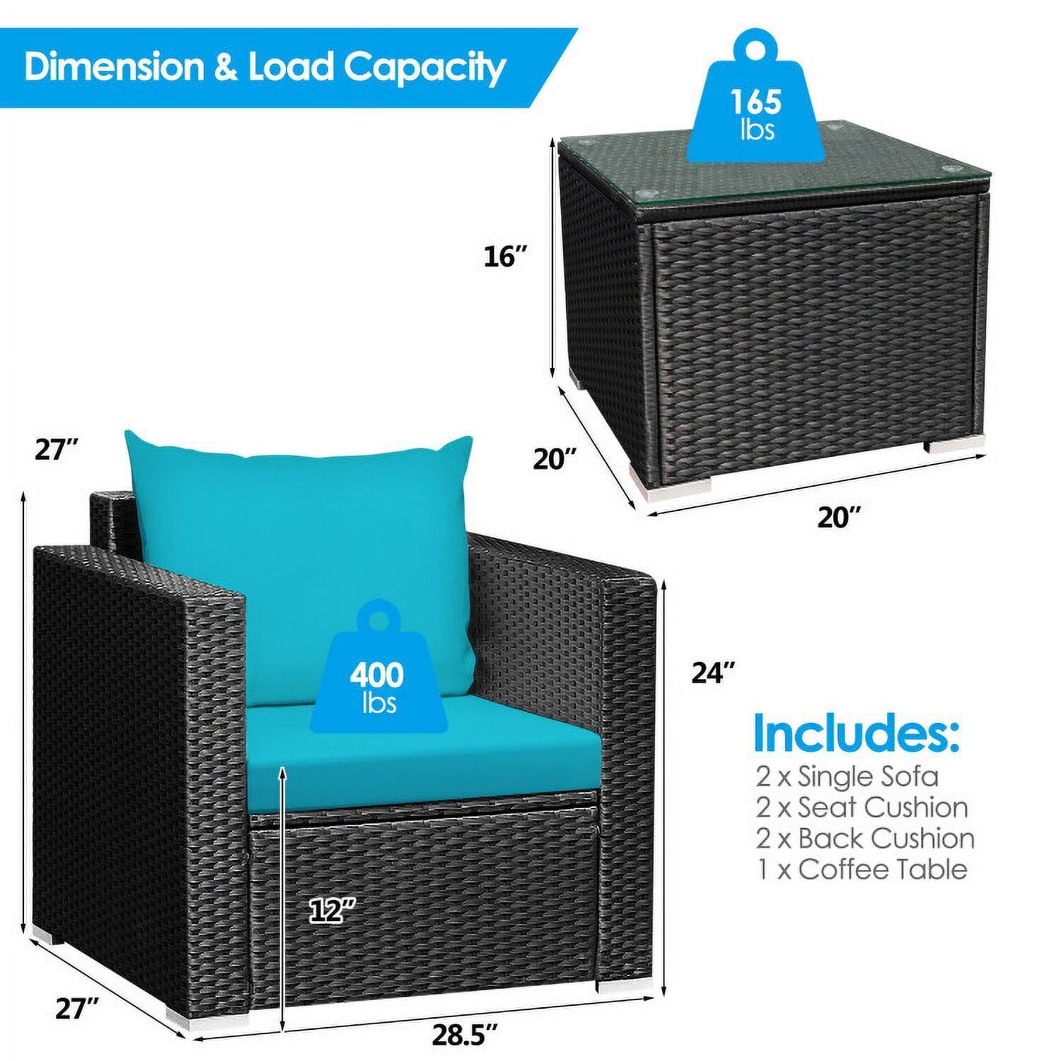 Dimension & Load Capacity  
165 lbs  
16" x 27" x 20" x 20"  
400 lbs  
12" x 24" x 27" x 28.5"  

Includes:  
2 x Single Sofa  
2 x Seat Cushion  
2 x Back Cushion  
1 x Coffee Table