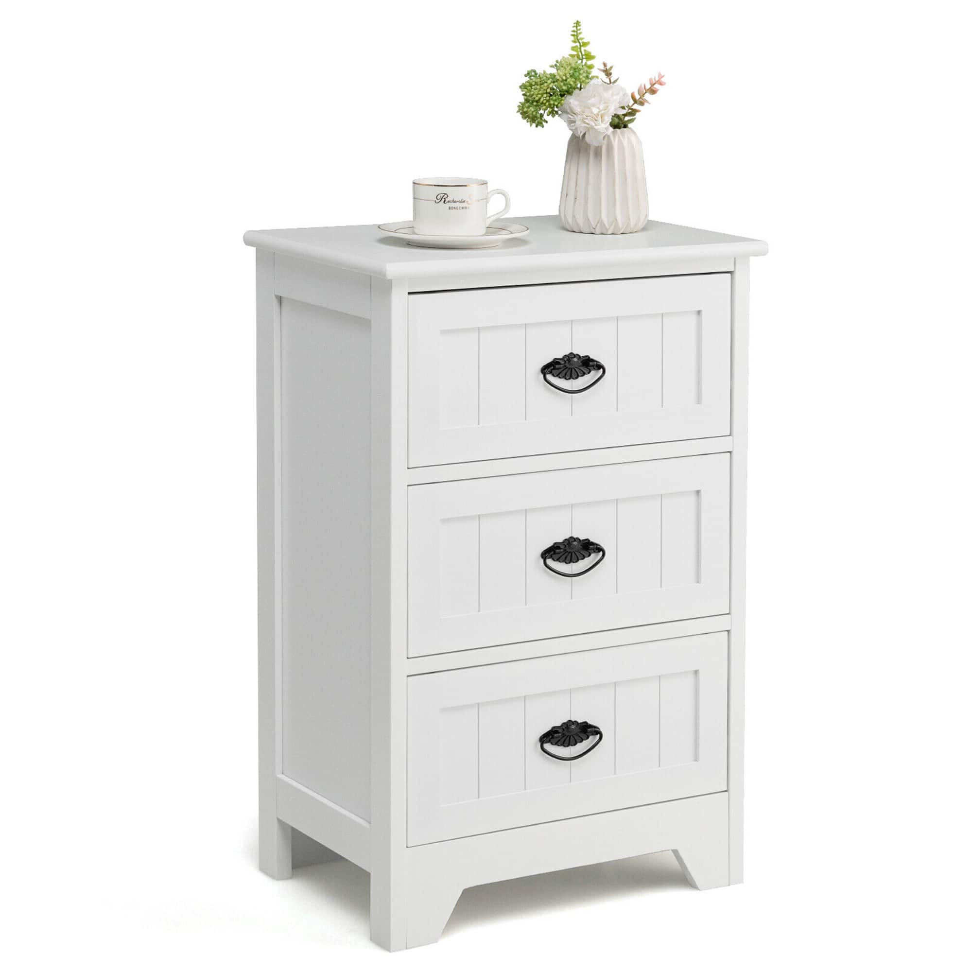 Front. Costway - End Table Nightstand Bedroom Storage with  3 Drawers & Wood Slide - White.
