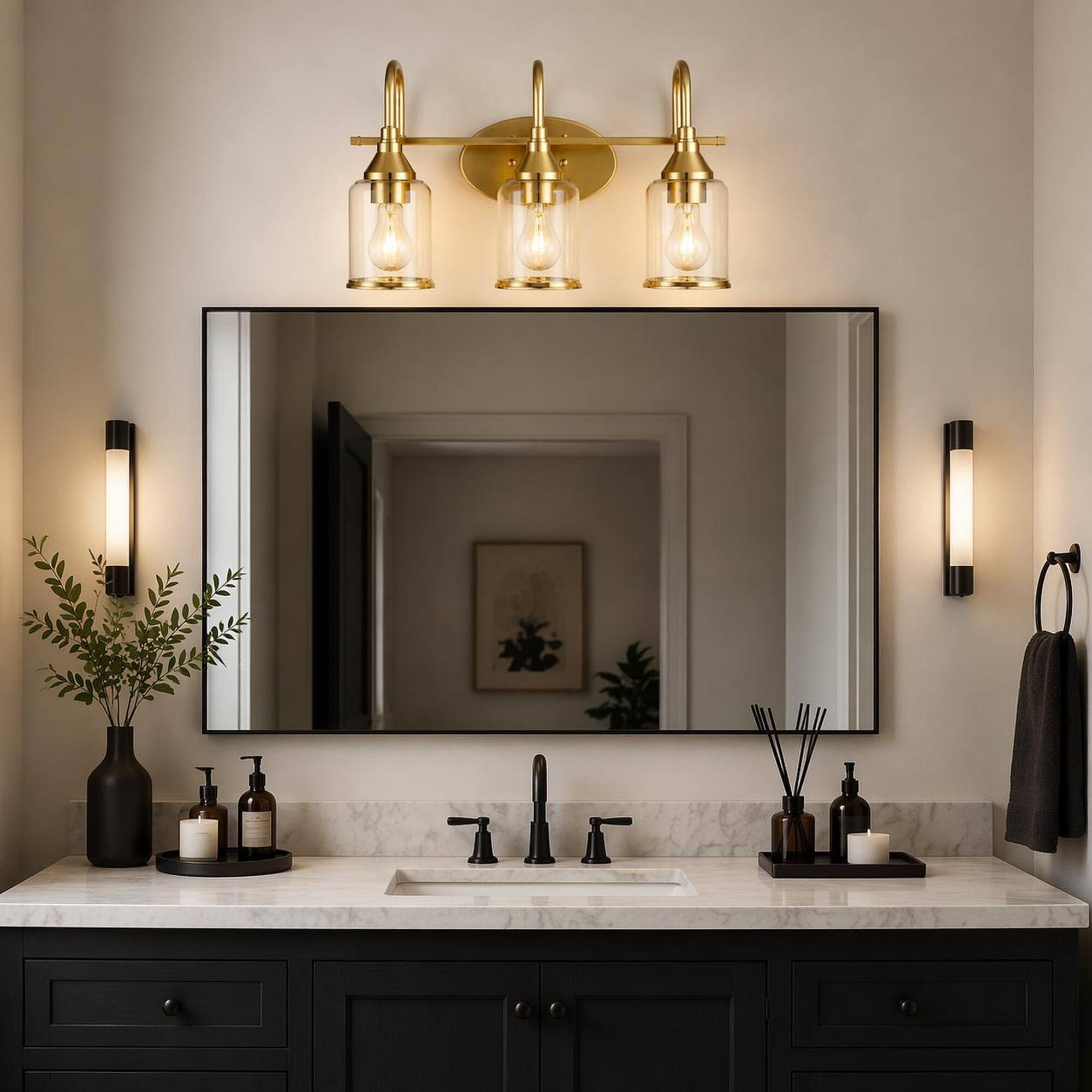 Left. RYHNUYNE - Twilight 22-Inch Brushed Gold 3-Light Vanity Bar with Clear Glass Shades for Bathroom, Bedroom, Foyer, Hall, Kitchen.
