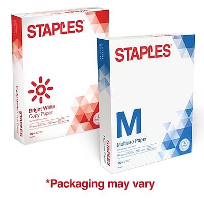STAPLES  
Bright White Copy Paper  
100% Recycled  
500 Sheets  
*Packaging may vary  

STAPLES  
Multiuse Paper  
M  
500 Sheets  
*Packaging may vary